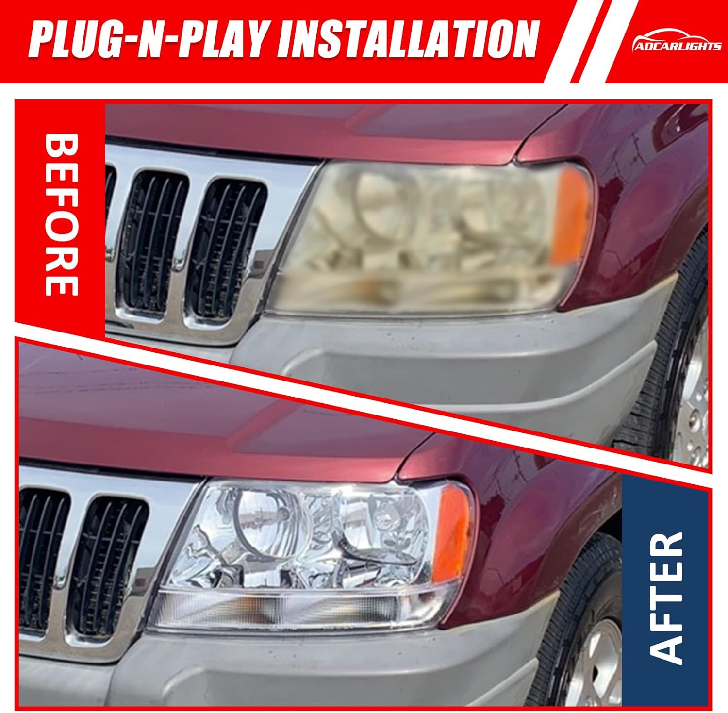 for 1999 2000 2001 2002 2003 2004 Jeep Grand Cherokee Headlight Assembly Compatible with 1999-2004 Jeep Grand Cherokee Chrome Housing Amber Reflector Driver and Passenger Side（W/O Bulbs）