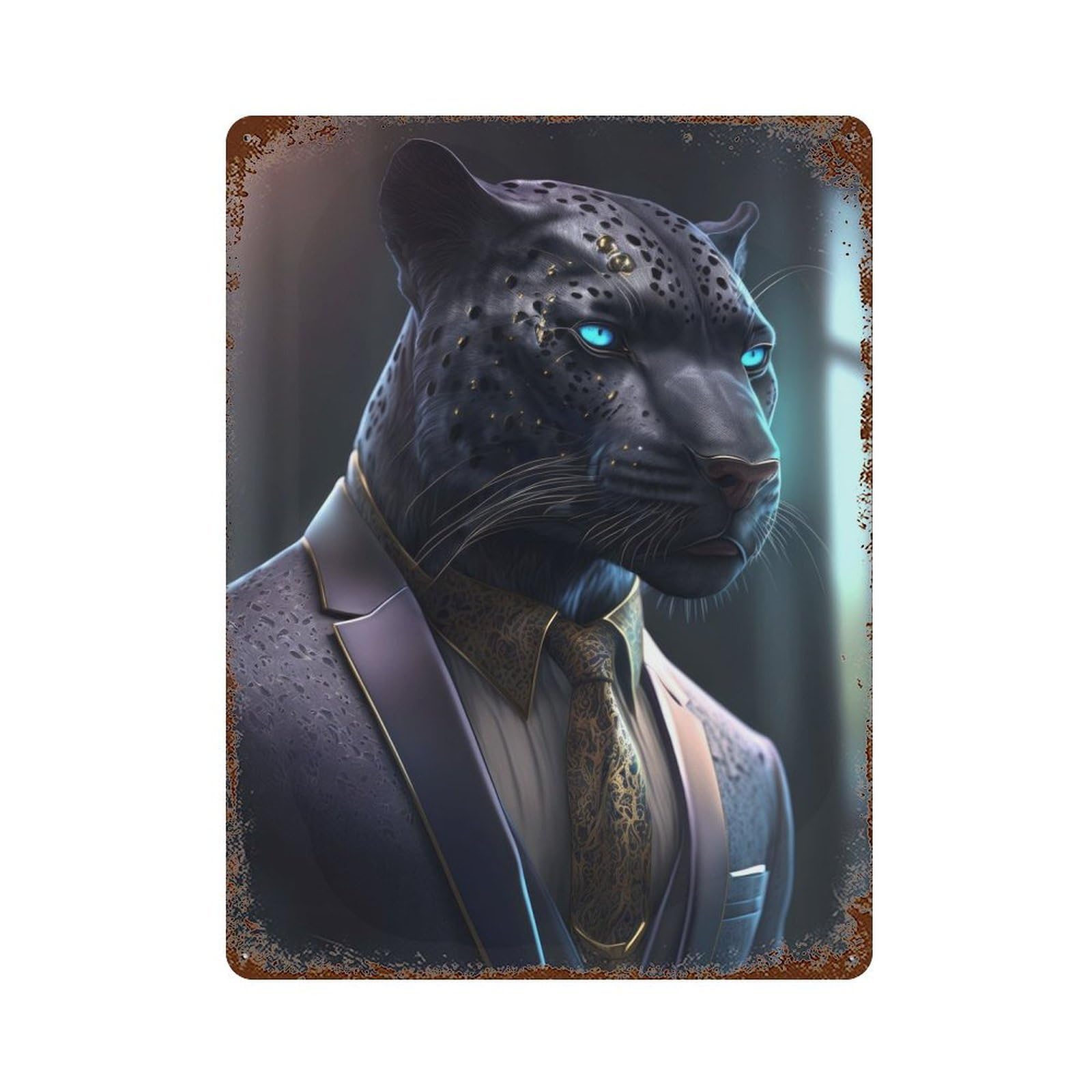 Black Panther in Suit 15.7"x11.8" Aged Metal Wall Plaque, Novelty Wall Decor for Shed, Workshop And Garage Wall Decor