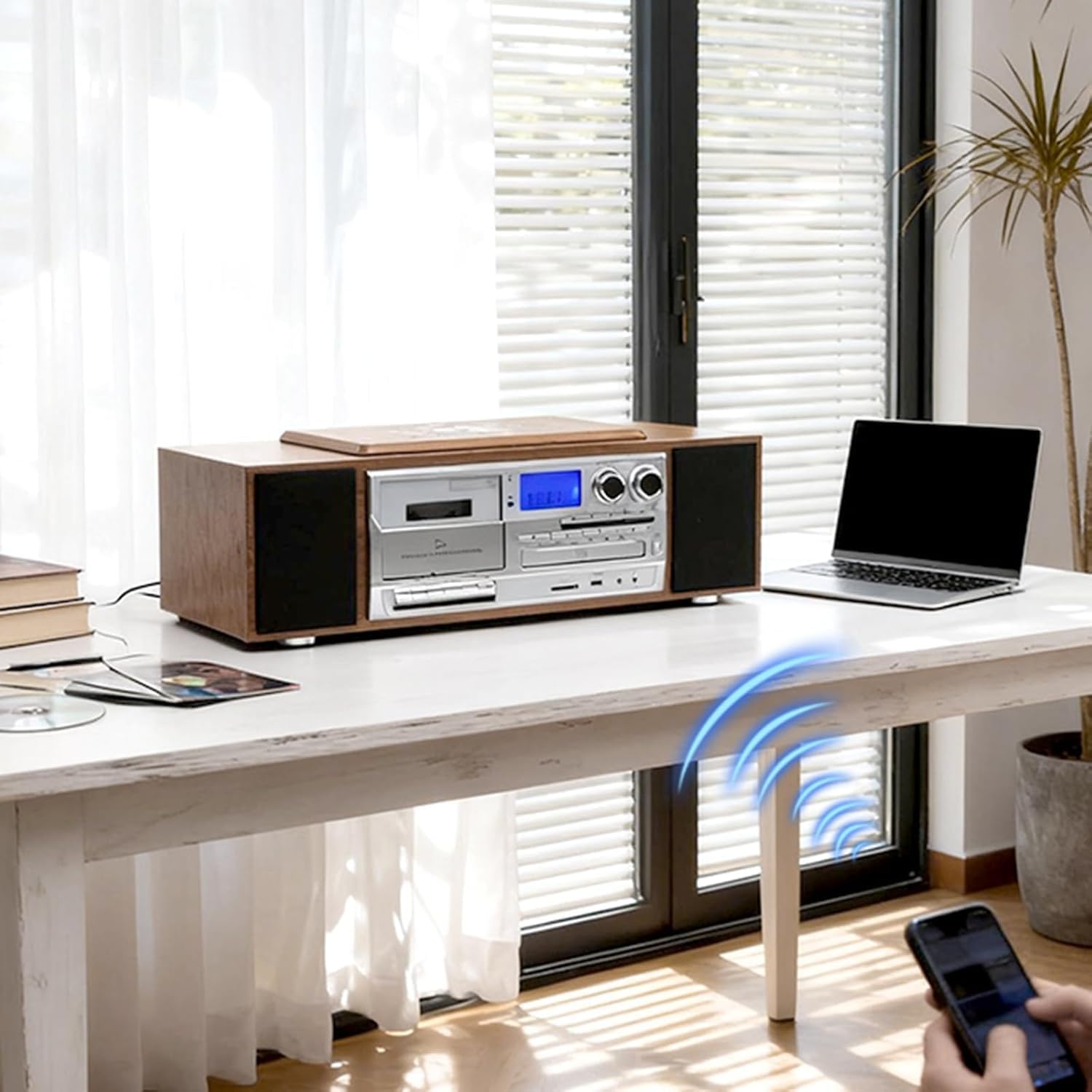 Reproductor de CD con reproductor de cassette, altavoces estéreo duales, pantalla LCD, Bluetooth, reproducción USB, entrada AUX y control remoto, sistema de música 5 en 1 para el hogar y la oficina