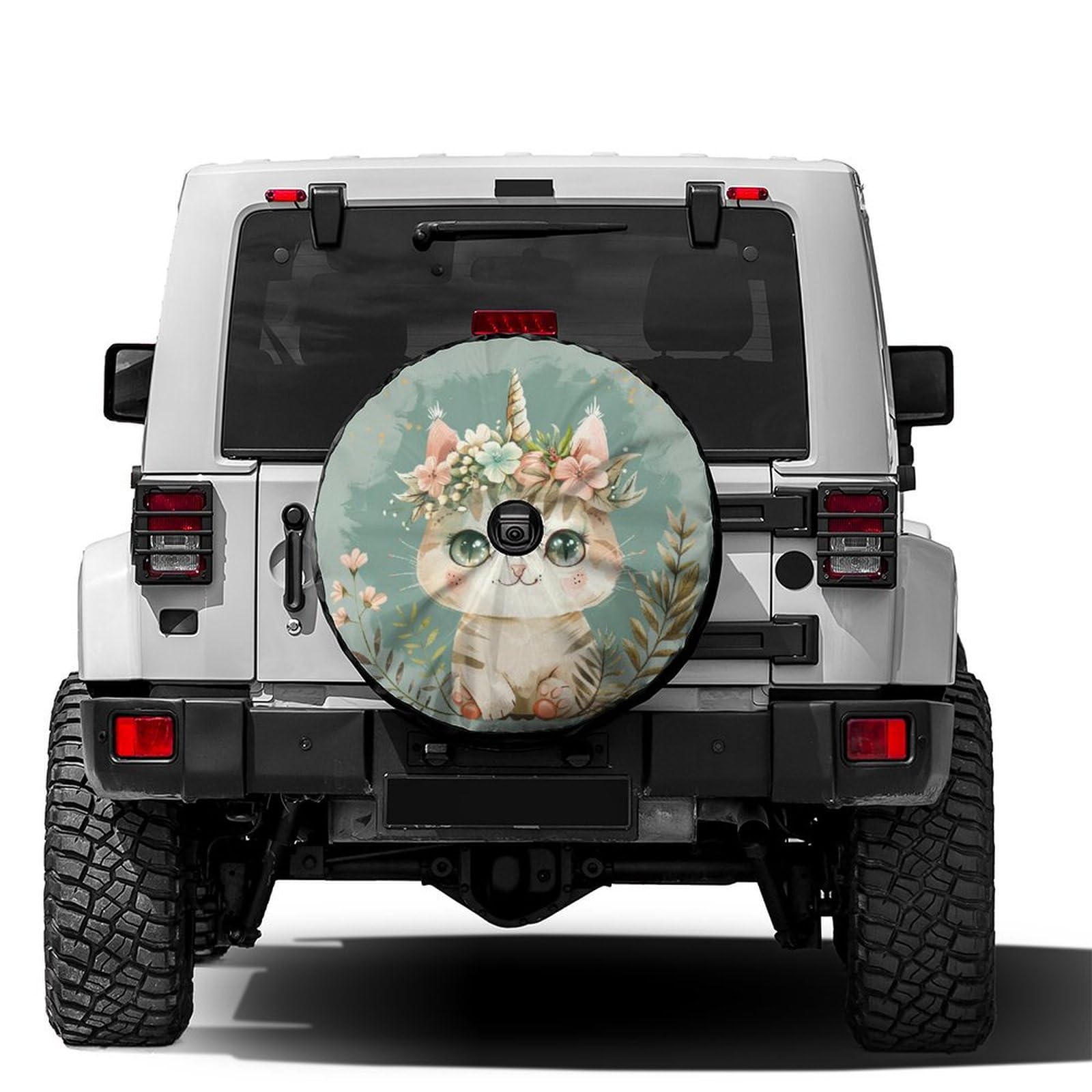 Dujiea Cat with Unicorn Horn Spare Tire Cover with Backup Camera Hole, Universal Wheel Tire Cover Tire Protectors for Trailer RV Van SUV Truck Camper and Many Vehicle 14inch