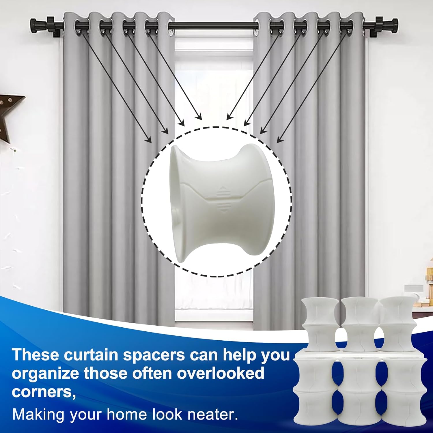 Curtain spacers (12 Pack), Easy to Install and Remove, Enhance The Appearance of Curtains, and are Suitable for Curtain rods with a Diameter of up to 2 inches.
