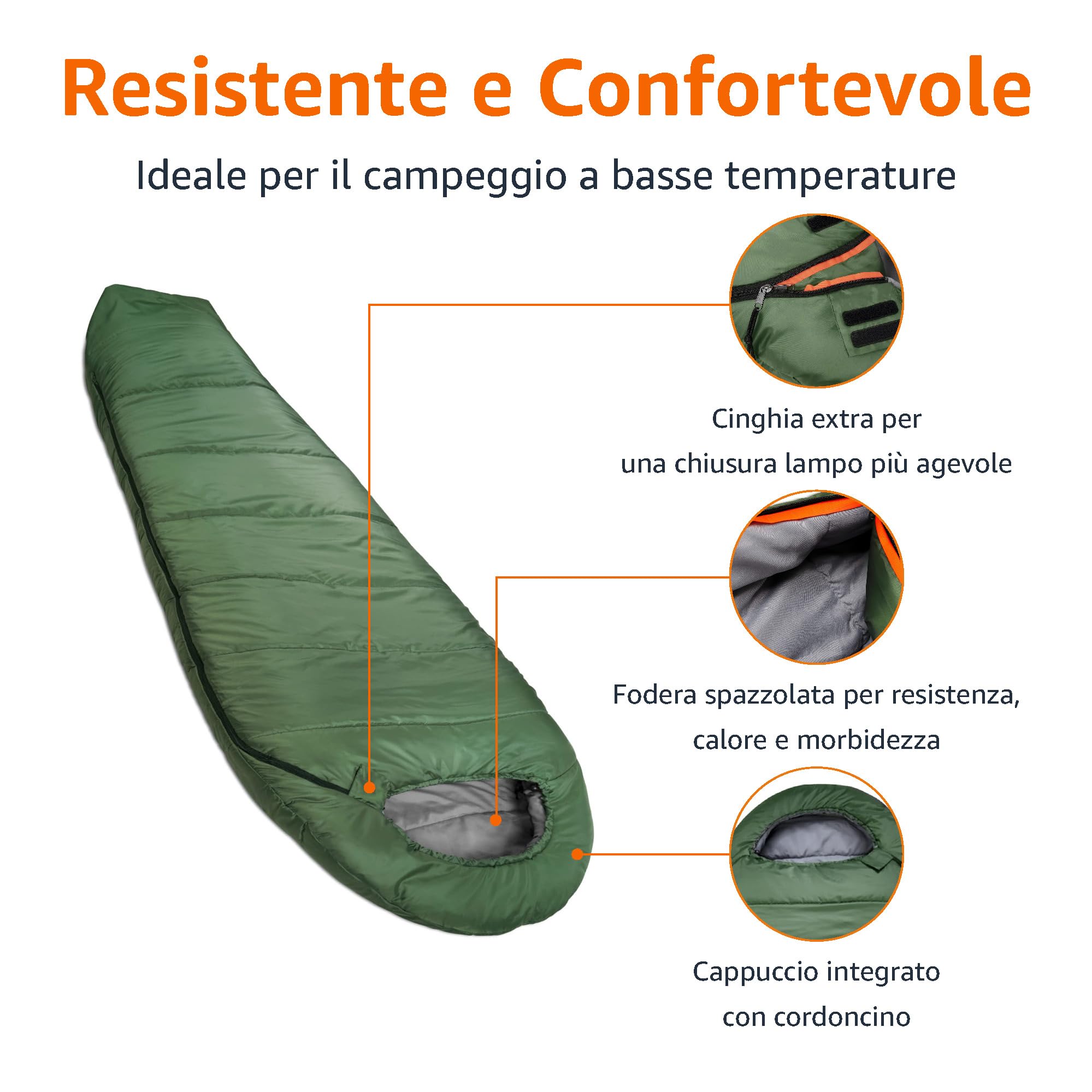 Amazon Basics Sacco a Pelo per Campeggio ed Escursioni con Clima Freddo, Leggero, a Mummia, Verde Oliva