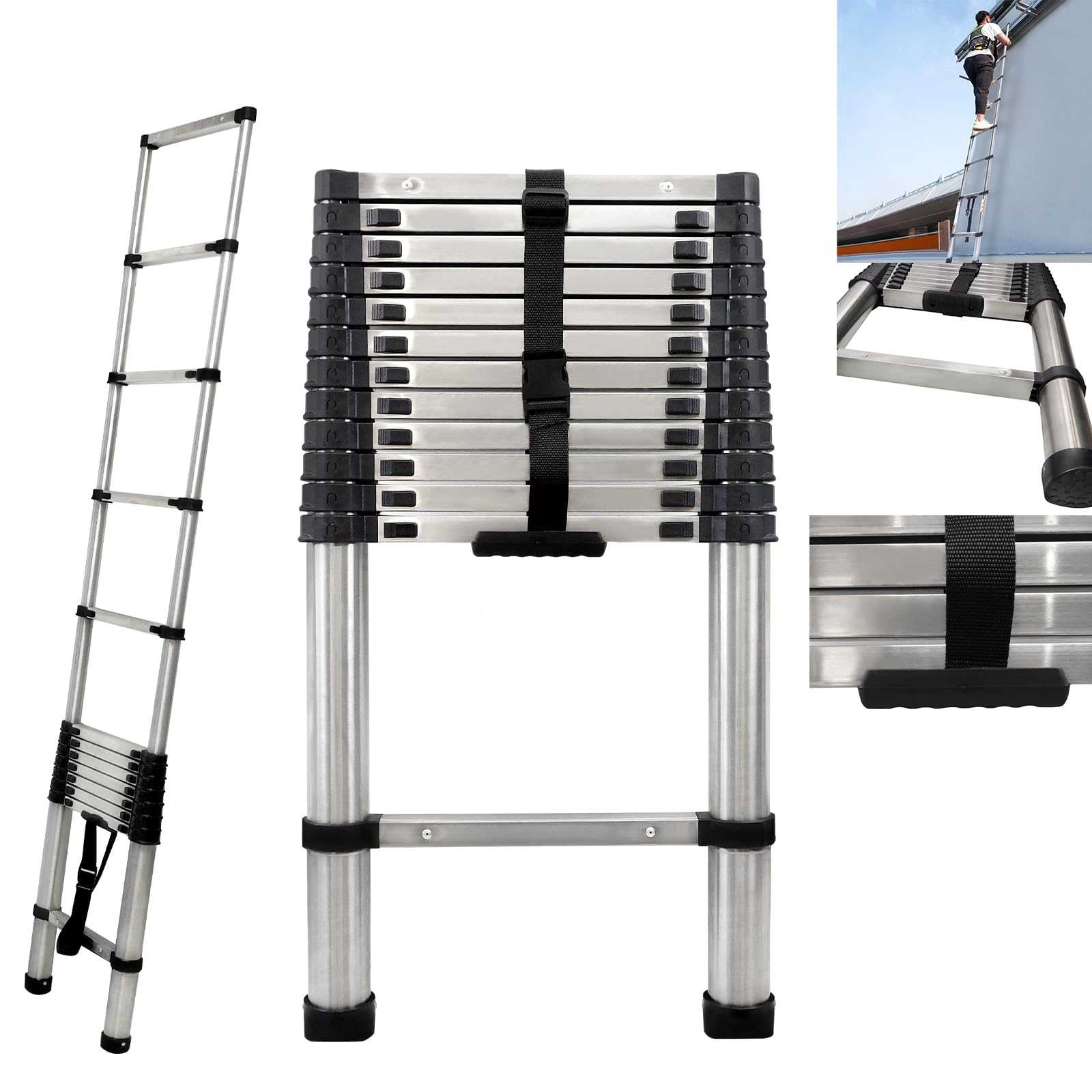 Steel Telescoping Extension Ladder 3.8M(12.5 FT), Compact ladder with Industrial Grade Latch,Stainless Steel Telescoping Folding Ladder with Non-Slip Rubber Feet for Home,Outdoor,Building Construction