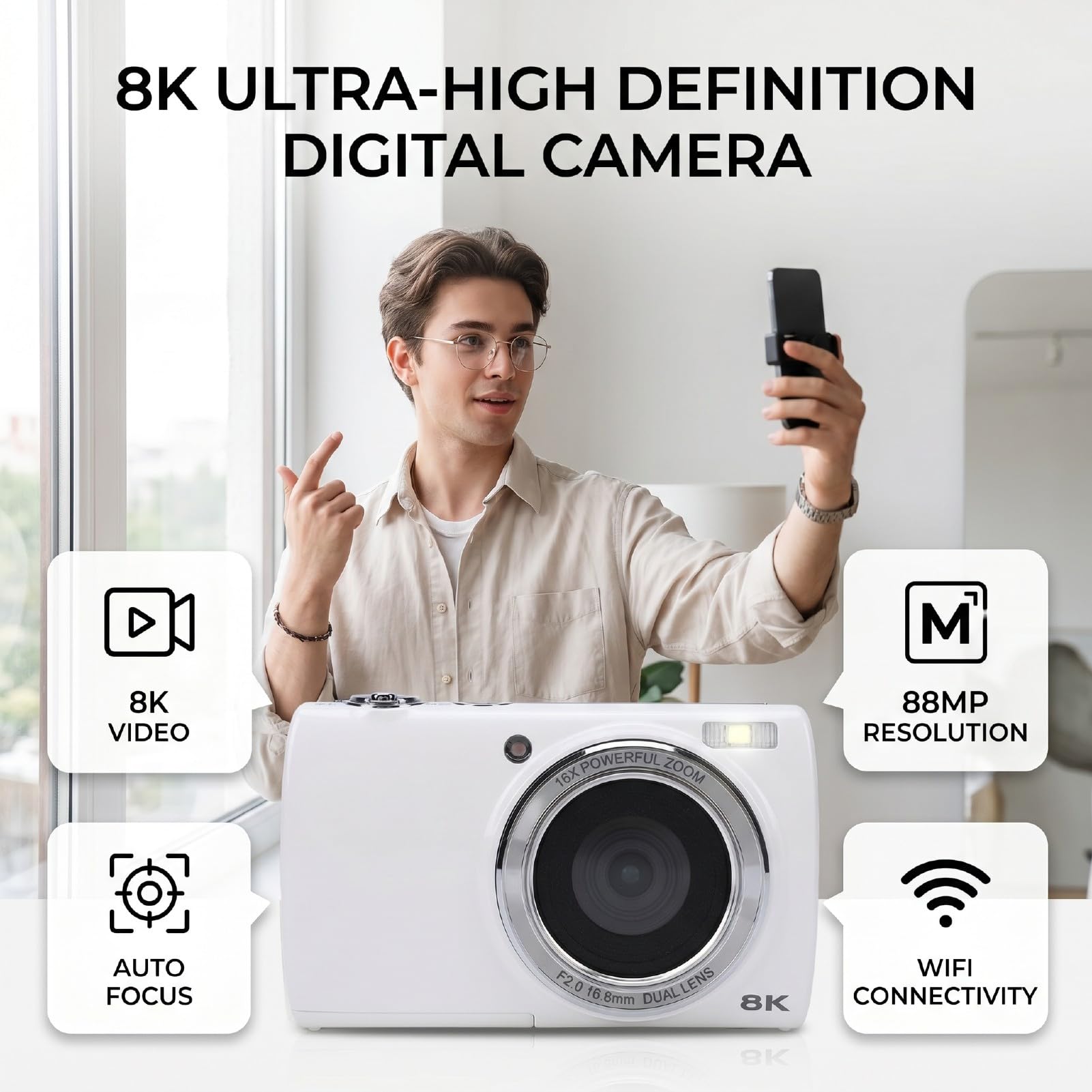 Jectse 8K-Digitalkamera, Autofokus, 48 ​​MP WiFi-Vlogging-Kamera mit Doppelobjektiv, 16-fachem Zoom, Touchscreen-Stabilisierung, Blitzlicht für Reise-Selfies