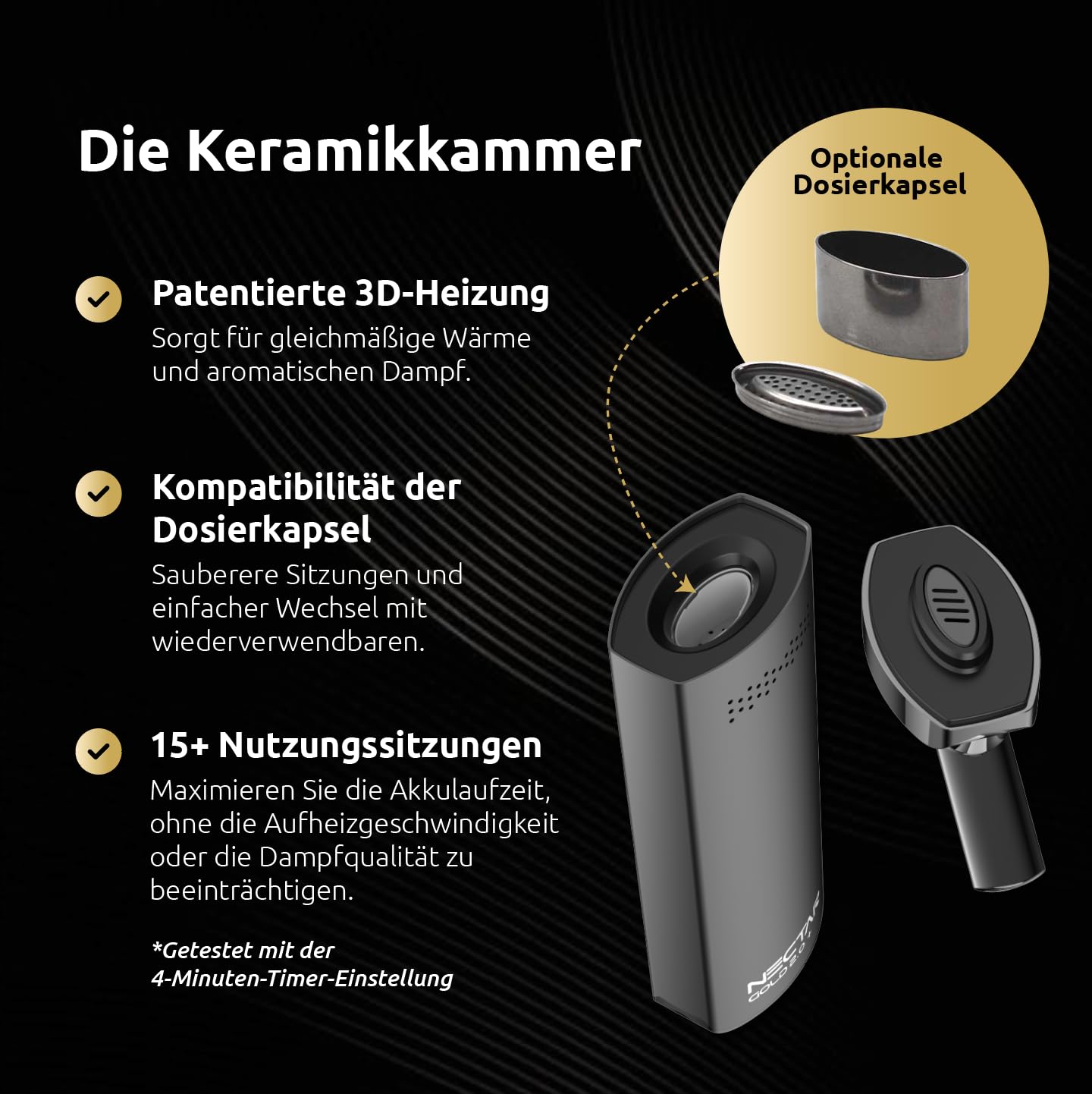 Nectar Gold 2.0+ Vaporizer für Kräuter und Extrakte | 3 Jahre Garantie | 3D-Heiztechnologie mit 15-Session-Akku, USB-C-Anschluss, Präzise Temperaturregelung, Einstellbarer Luftstrom