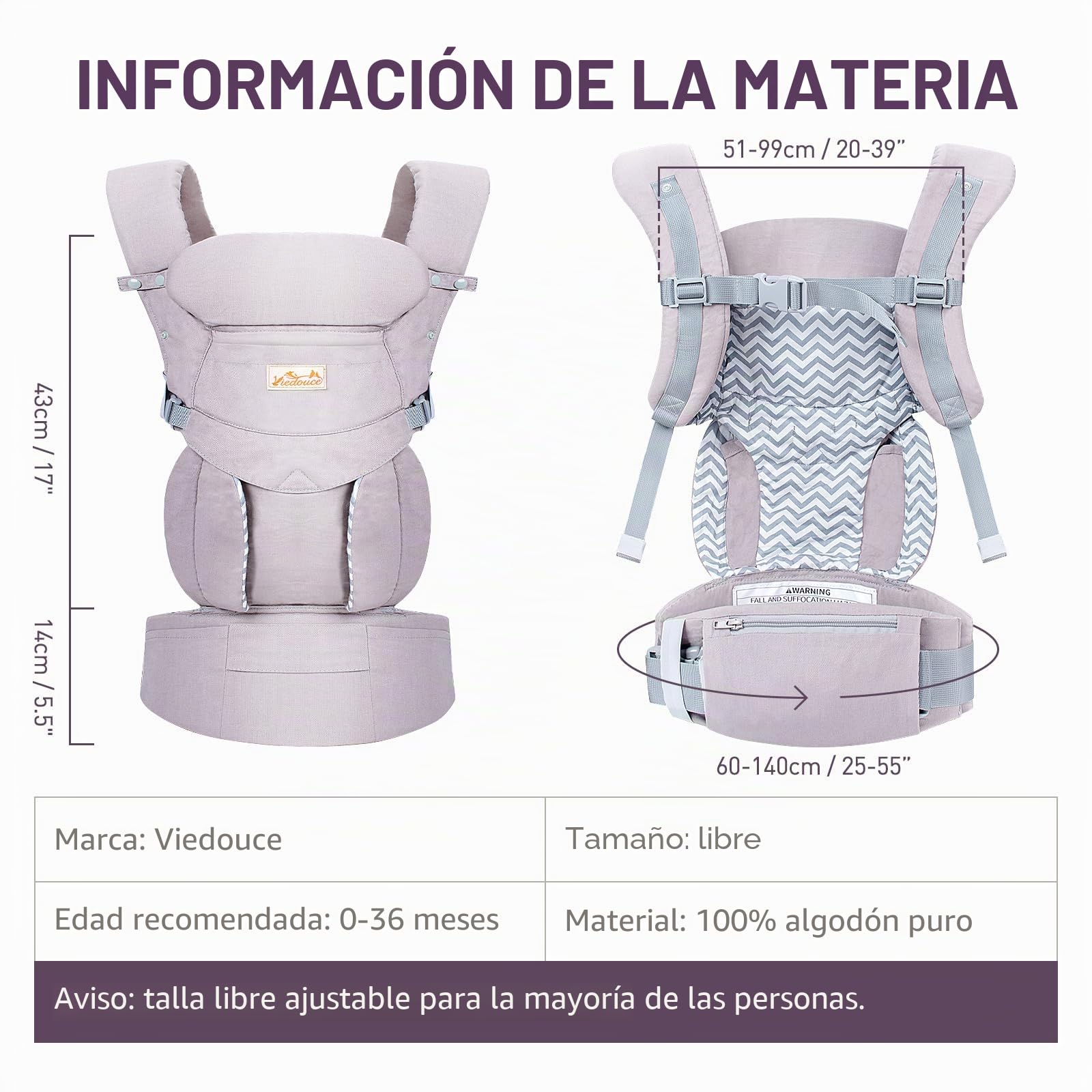 Viedouce Bebé Portabebés Ergonómico, adapt porteo bebé para Recién Nacidos y Niños Pequeños de 3-36meses (3 a 20 Kg)