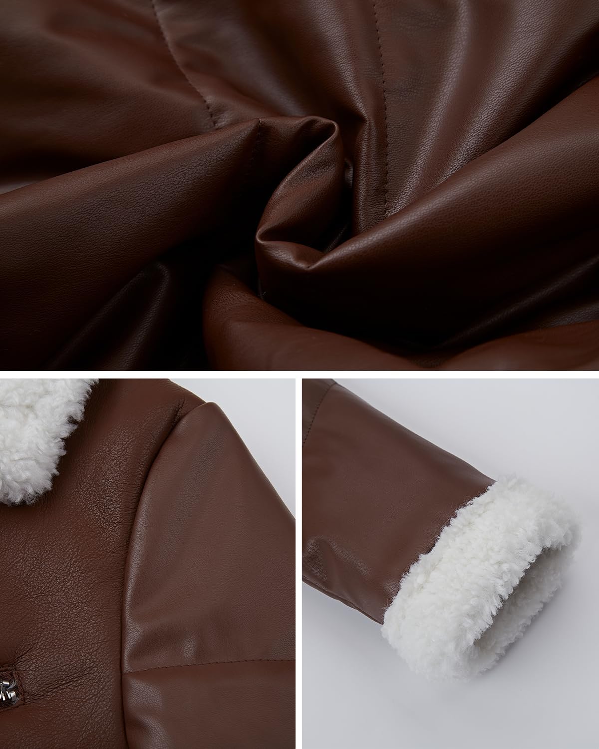 Women Fur Leather Jacket Shearing Cropped Faux Fur Lined Moto Biker Coat - Image 2