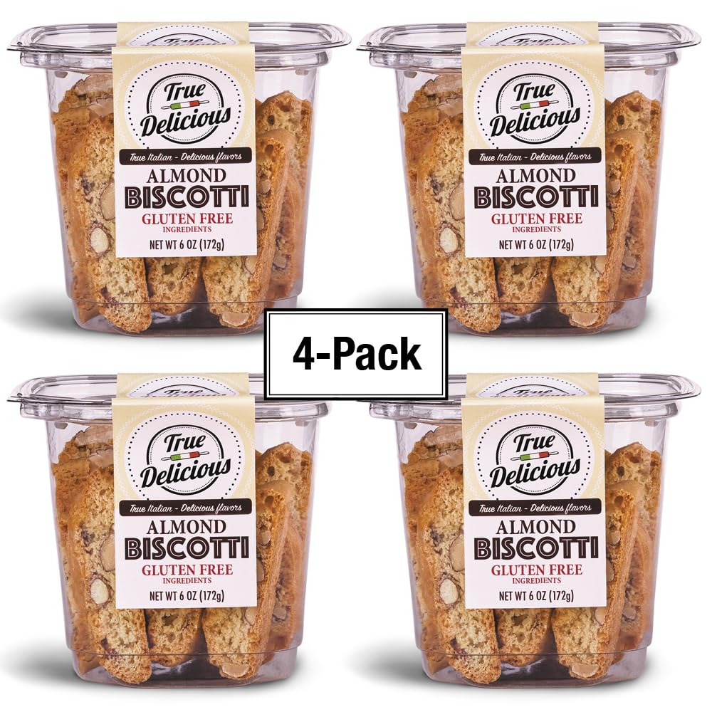 True Delicious GLUTEN FREE INGREDIENTS ALMOND BISCOTTI, buttery, fine Italian cookies, baked twice (4 boxes of 6oz each)