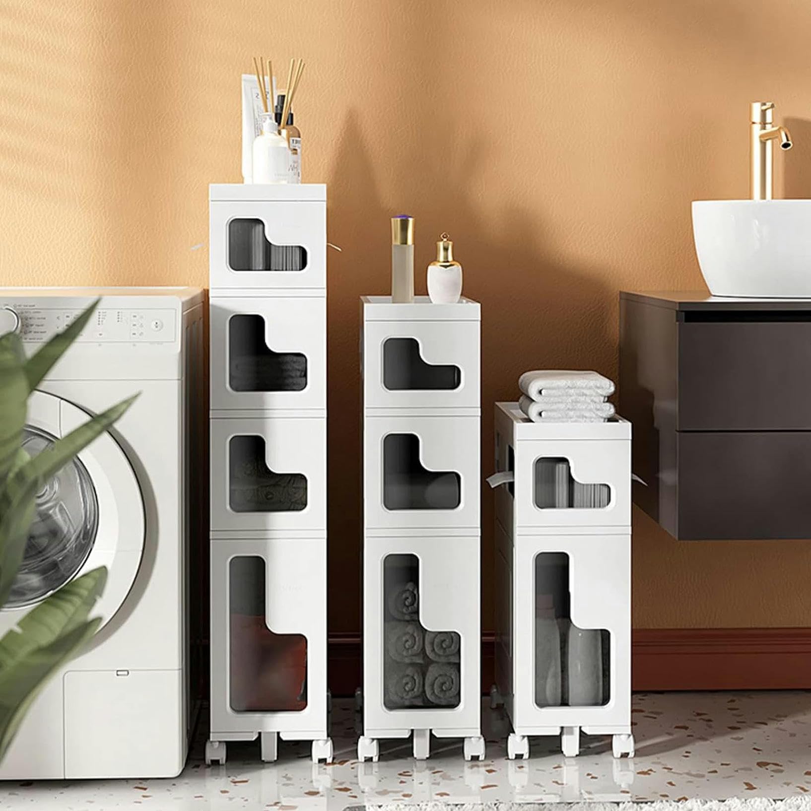 Armario de baño con cajones apilables, Delgado, de plástico, con cajones deslizables multifuncionales de 2 a 4 niveles, organizador de baño para esquinas Que ahorra espac