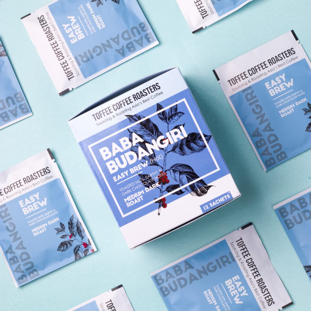 Toffee Coffee Roasters | Baba Budangiri Coffee | Easy Brew (Hot Brew) Bag | Pack of 24 Sachets | No Equipment Required | Medium Dark Roast | Notes: Toasted Nuts, Earthy & Chocolate