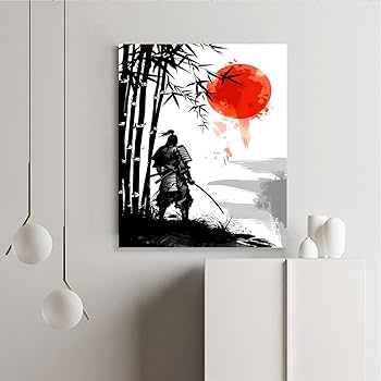 Amazon.co.jp: 水墨画スタイル日本の侍竹赤い太陽ポスタープリント