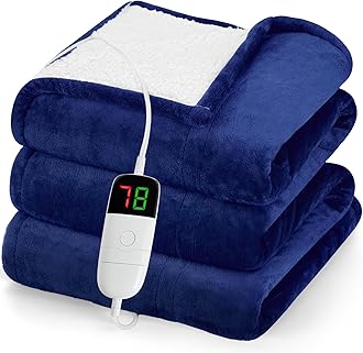 greenoak Heated Blanket Electric Throw 50"X60", Heating Blanket with 10 Levels 1/2/4/6/8 Hours Auto-Off Overheat Protection, Soft Flannel Sherpa Warm Heater, ETL Certified Sea Blue