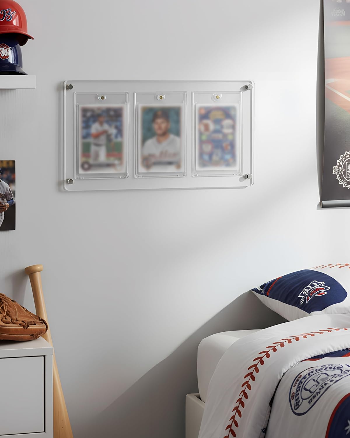 Acrylic 3 Card Display Frame - Trading Card Display Frame with 3 Magnetic UV Protection Card Cases, Wall Mounted & Desktop Card Stand for Sports Baseball Pokemon Cards