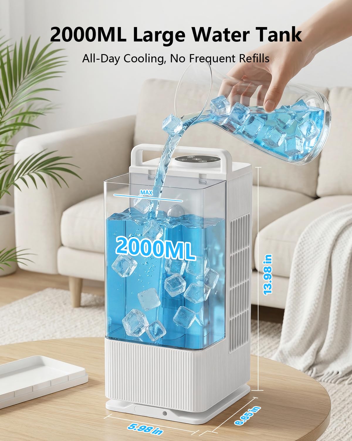 Condizionatore d'aria portatile, condizionatore d'aria personale da 2000 ml, mini condizionatore d'aria, ventola di raffreddamento evaporativo con oscillazione di 120°, 7 modalità di luce RGB, 4