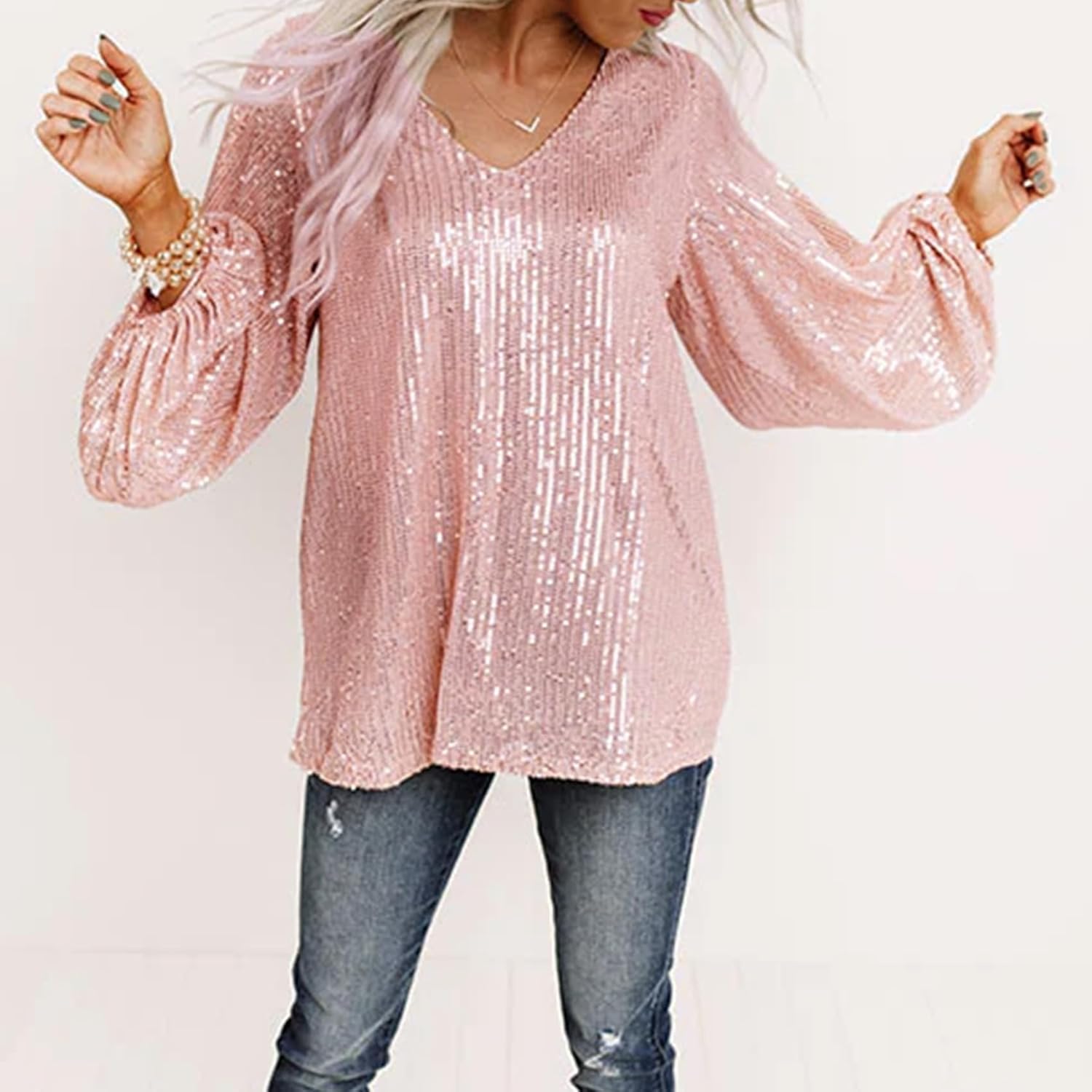 MAYSTEPPE Women Sequin Top Sexy V Neck Balloon Long Sleeve Sequin Shirt Sparkly Glitter Party Tops Blouse for Party Club - Image 2