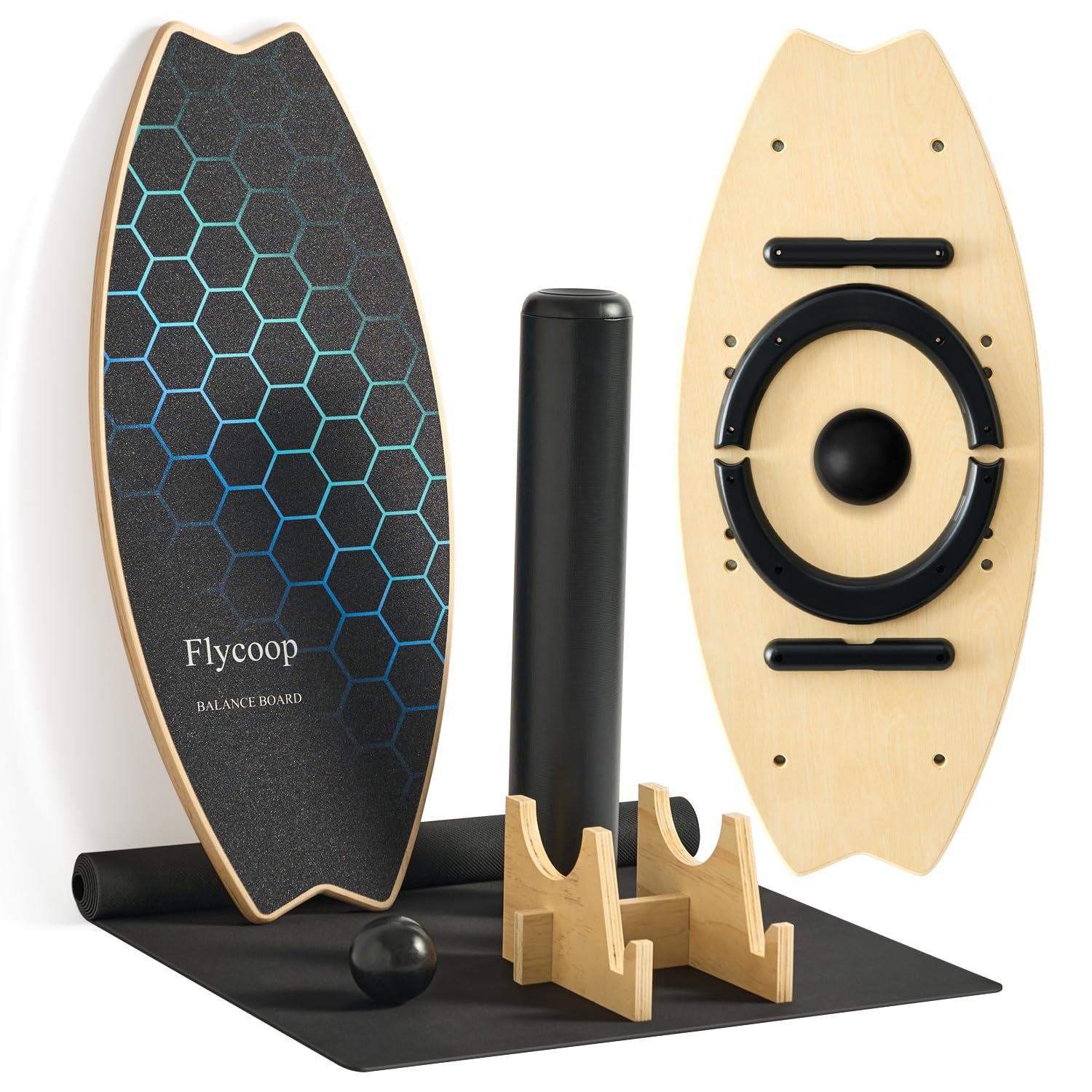 Flycoop Balance Board für Erwachsene – Holz Balance Board Set mit Rolle & Ball, Surf Trainer Indoor, Wackelbrett für Gleichgewicht, Koordination & Core Training, Rutschfest, bis 200 kg belastbar