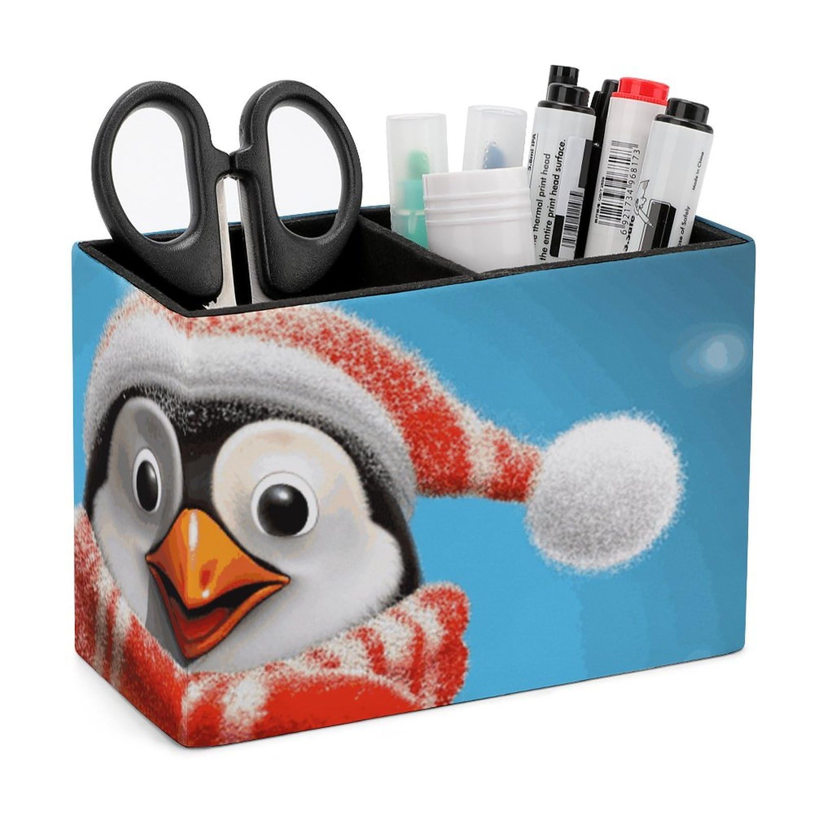 JTREHY Christmas Funny Penguin Pencil Holder Exquisite Fashion Leather Pen Receptacle Soft High-End Pen Container for Office Home Accessories Or Housewarming Present