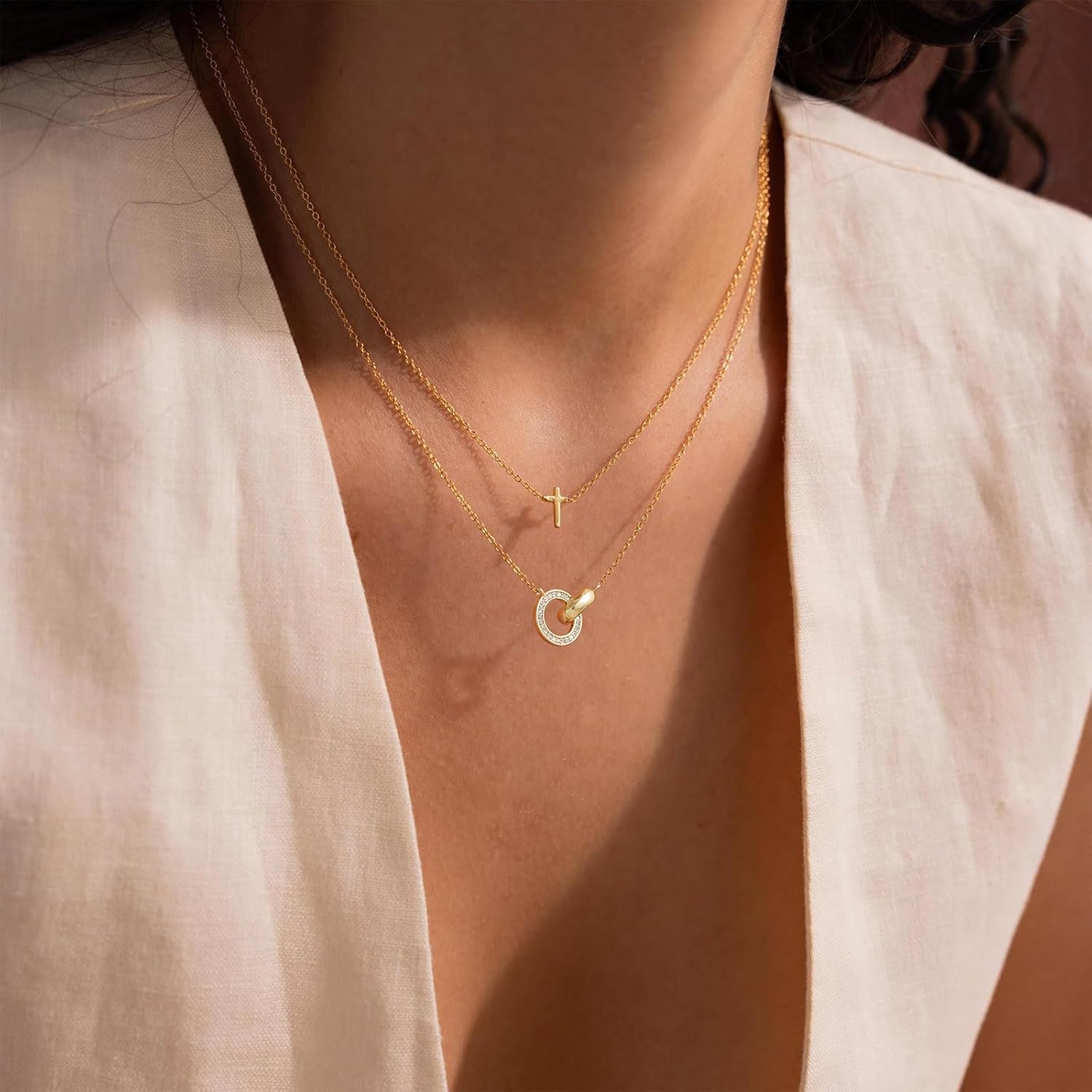 Gold Necklace for Women, Dainty 14K Gold Plated Pendant Necklaces for Women Trendy Simple Choker Chain Cubic Zirconia Circle/Interlocking/Sun/Pearl Necklace Fashion Jewelry Charm Gifts for Her - Image 5