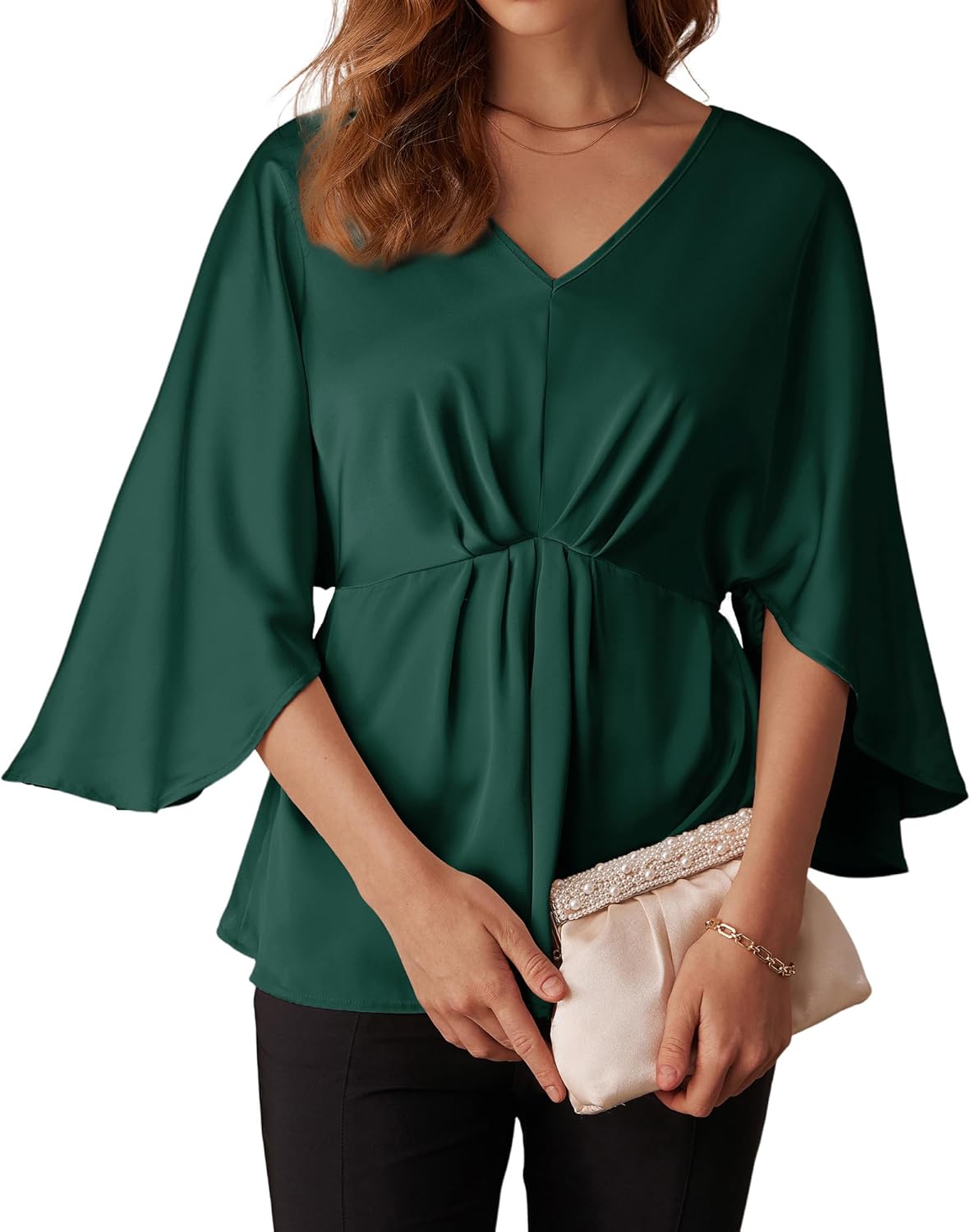 GRACE KARIN Women’s Tops Satin 3/4 Ruffle Sleeve A-Line Peplum Tunic Blouses V-Neck Smocked Ruched Blouses