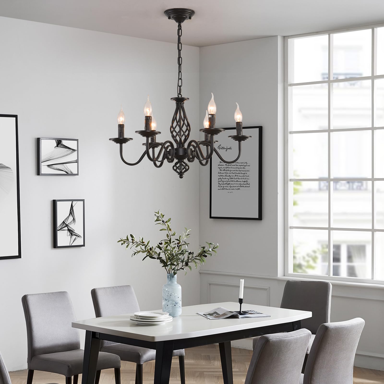 Lámpara de araña tradicional country, candelabro de hierro forjado ajustable en altura vintage negro, lámpara de techo de 6 luces lámpara colgante clásica para cocina, comedor, sala de estar
