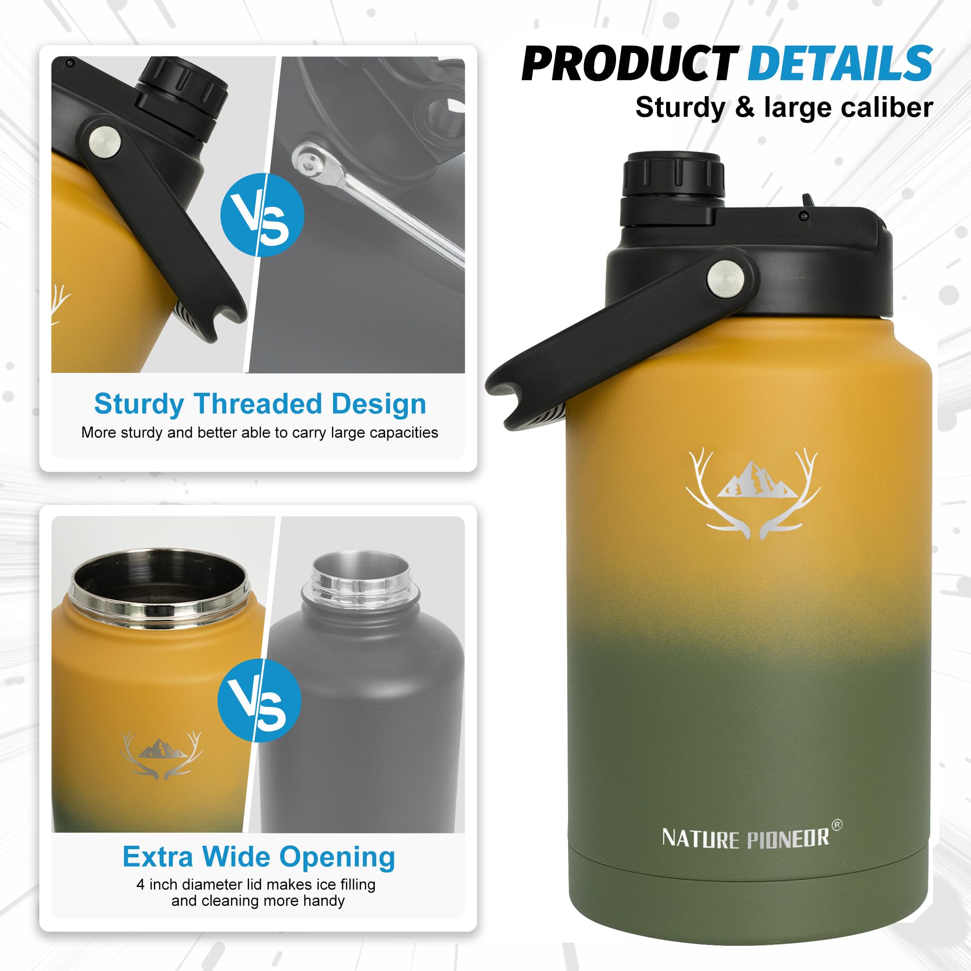 NATURE PIONEOR Isolierte Edelstahl-Wasserflasche – 1,2 L, Mit 3 Deckeln & Paracord-Griff – Hält 24h Heiß / 48h Kalt, BPA-frei