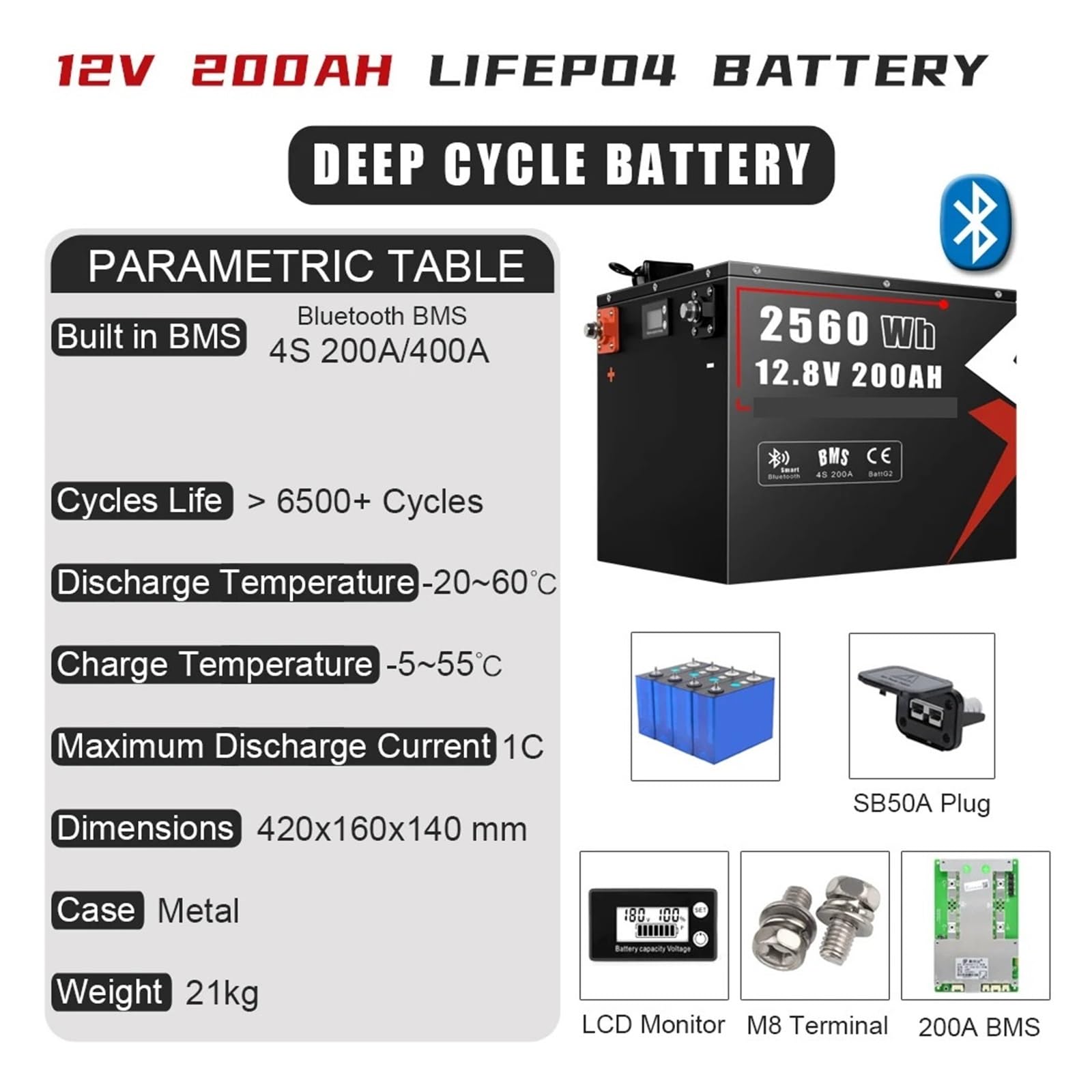 Batteria LiFePO4 12V 500AH 12.8V 300AH 500AH Grado A 6000 Cicli BMS Bluetooth Integrato For Lo Stoccaggio Di Barche A Motore For Camper(12V 200AH Bluetooth)