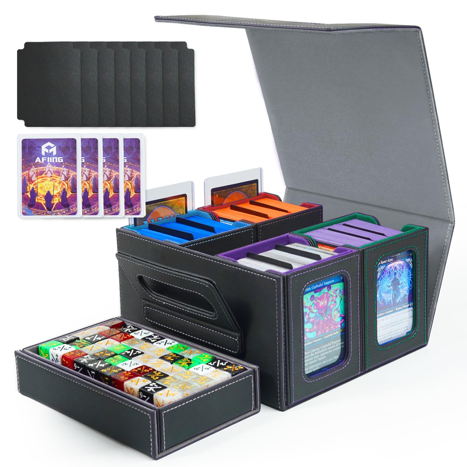 AFIING Commander Deck Box for MTG, Holds 400+ Double-Sleeved Cards, 5-in-1 Trading Card Storage Box with 4 Removable Deck Cases, Dice Tray & Handle (Multicolour) — image 1