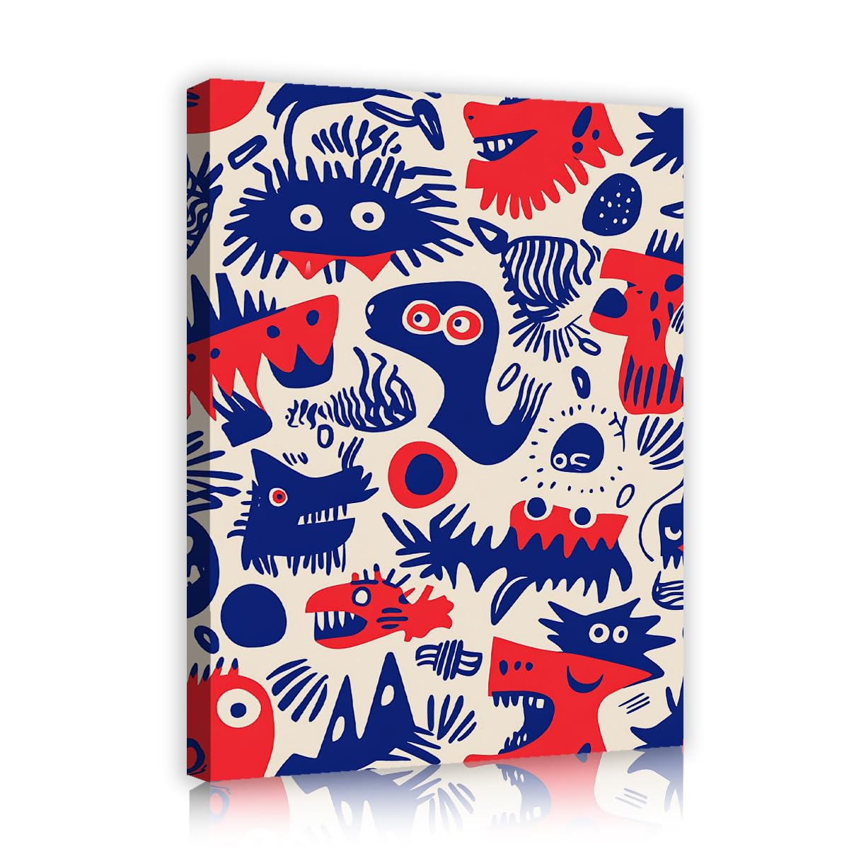 TOANGWALL Cartoon Monster Canvas Painting Blue Red Mythical Creature Prints Creative Animal Pattern Picture Cute Graphic Wall Art Living Room Bedroom Nursery Playroom Whimsical Decor Poster 70x85cm
