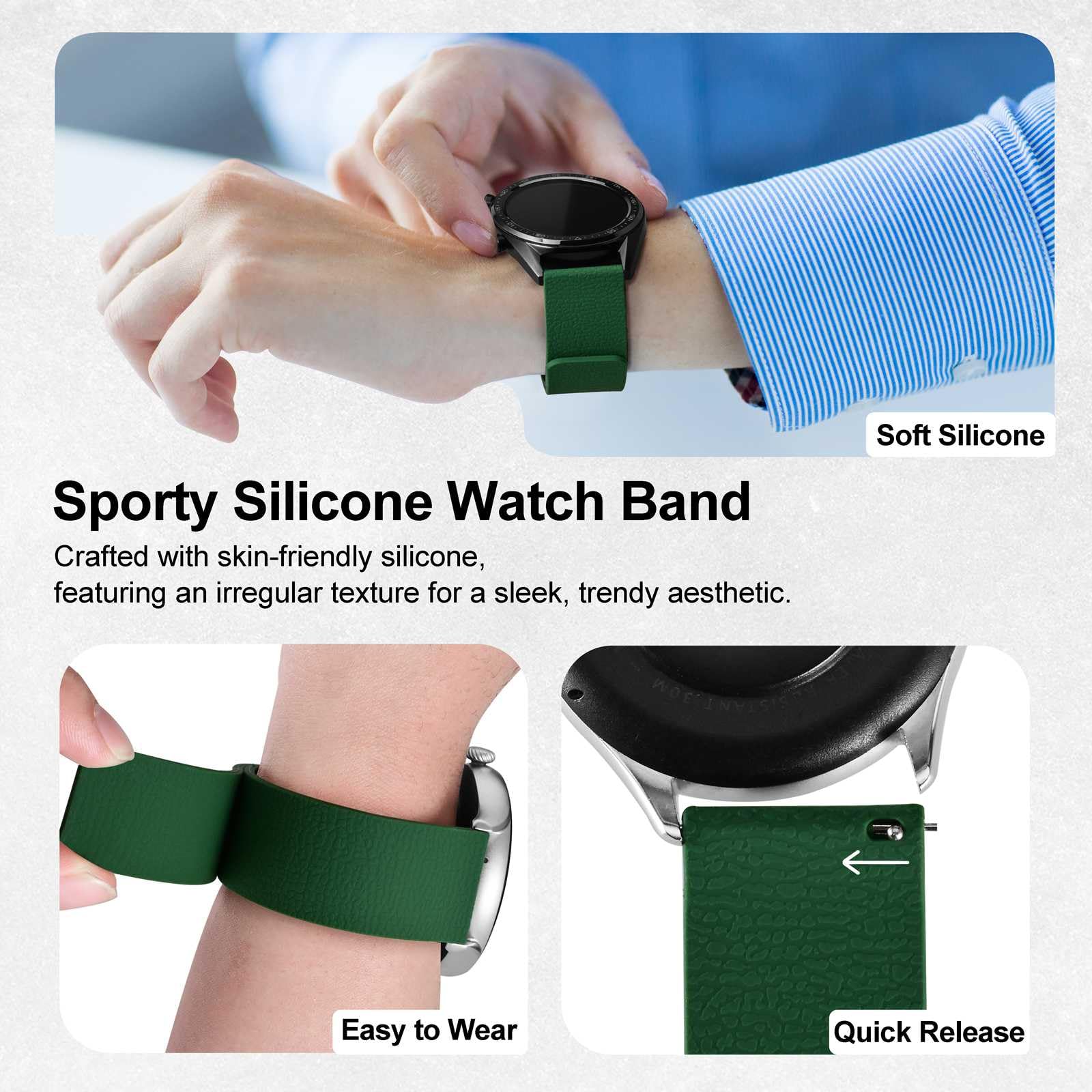 Magnetic Silicone Watch Bands, Lychee Texture, Quick Release Sporty Strap, Band Width 18mm 20mm 22mm - 5