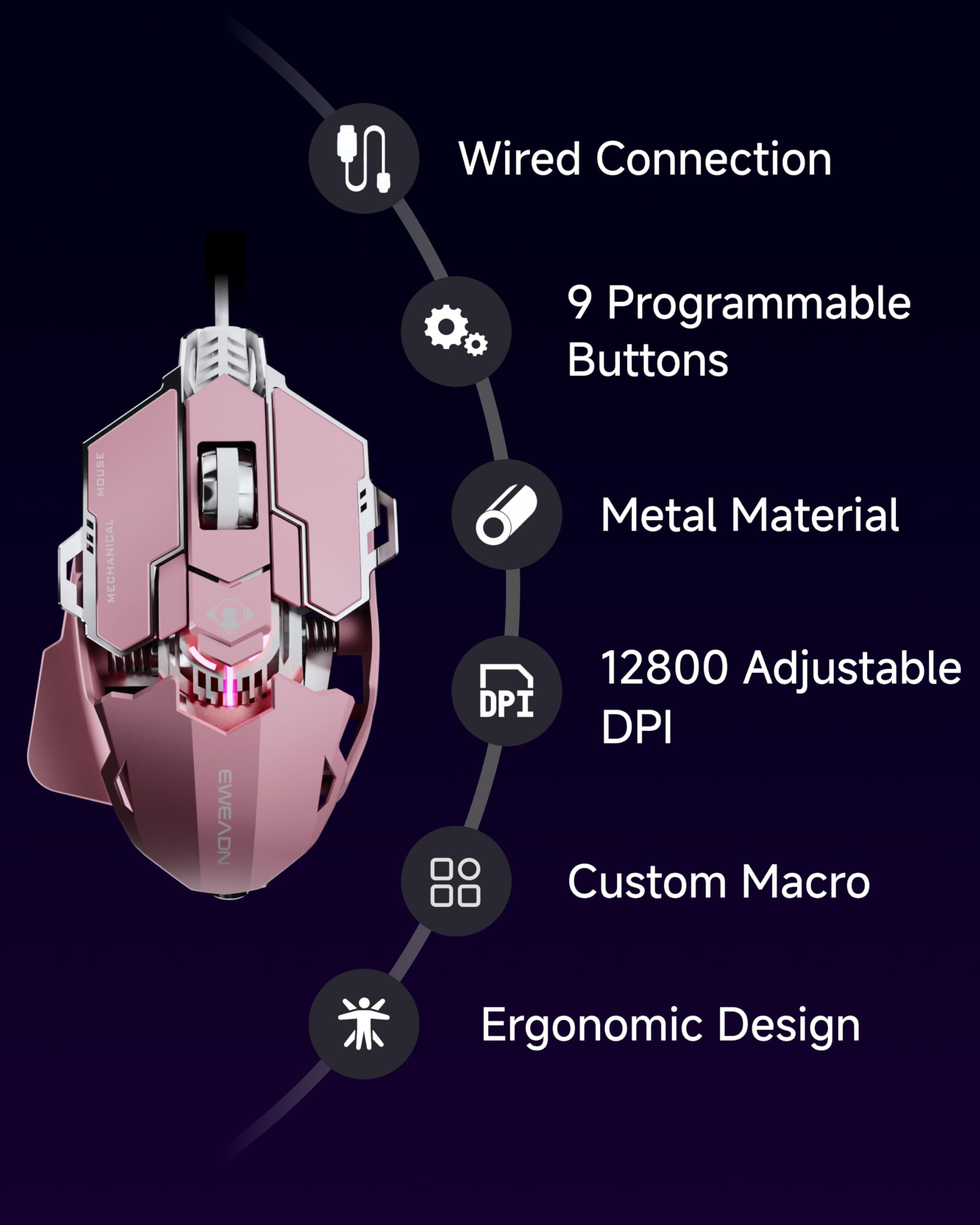 SEUNKWANG EWEADN G5 Mouse da gioco cablato, mouse ergonomico RGB per computer, DPI regolabile 12800, 9 pulsanti macro programmabili con tasto Rapid Fire, compatibile per PC/laptop/Windows, rosa