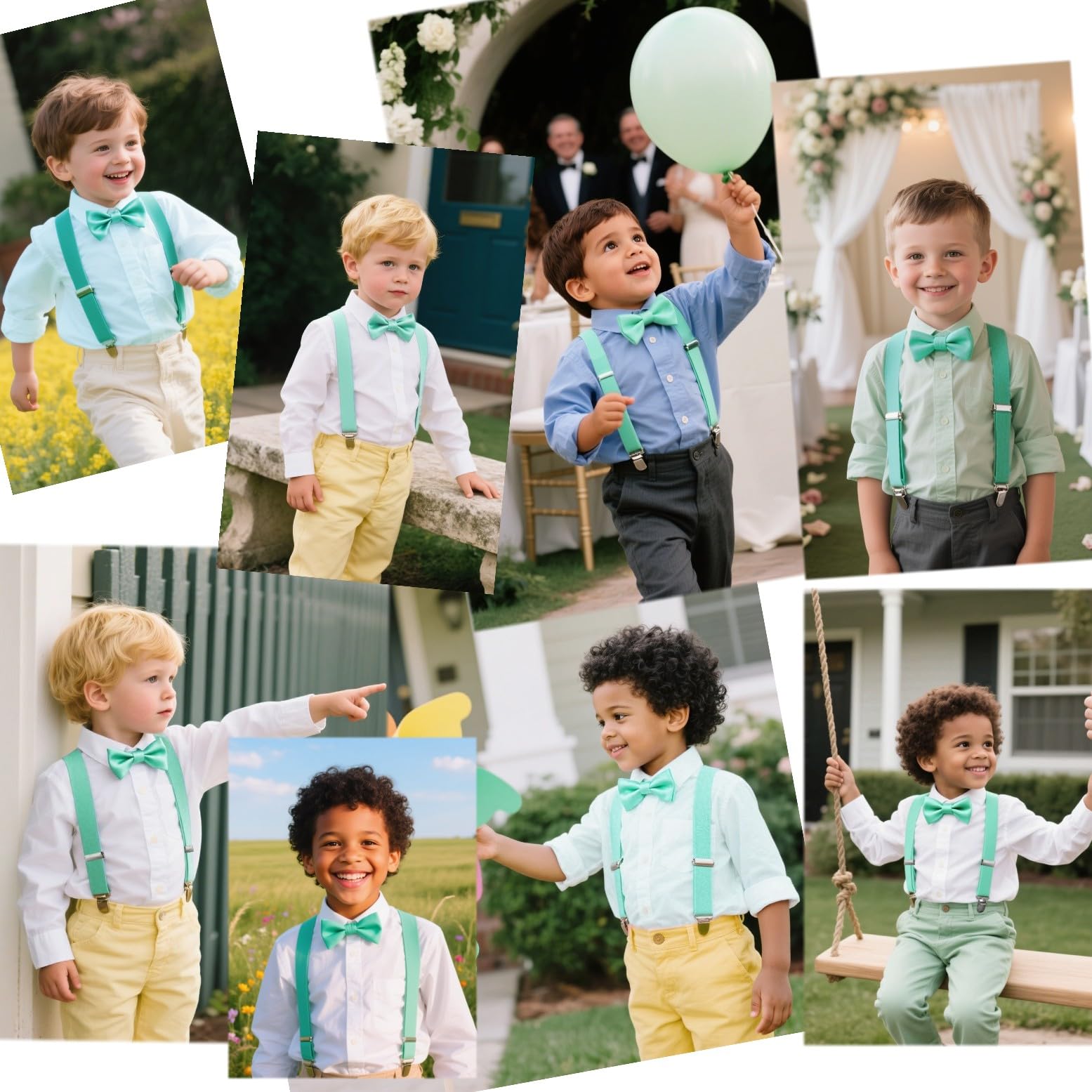 JZK Conjunto pajarita y tirantes verde azulado brillante para niños menos 135 cm, ajustable con clip forma Y tirantes con pajarita para infantil pequeños, para bodas, fiestas