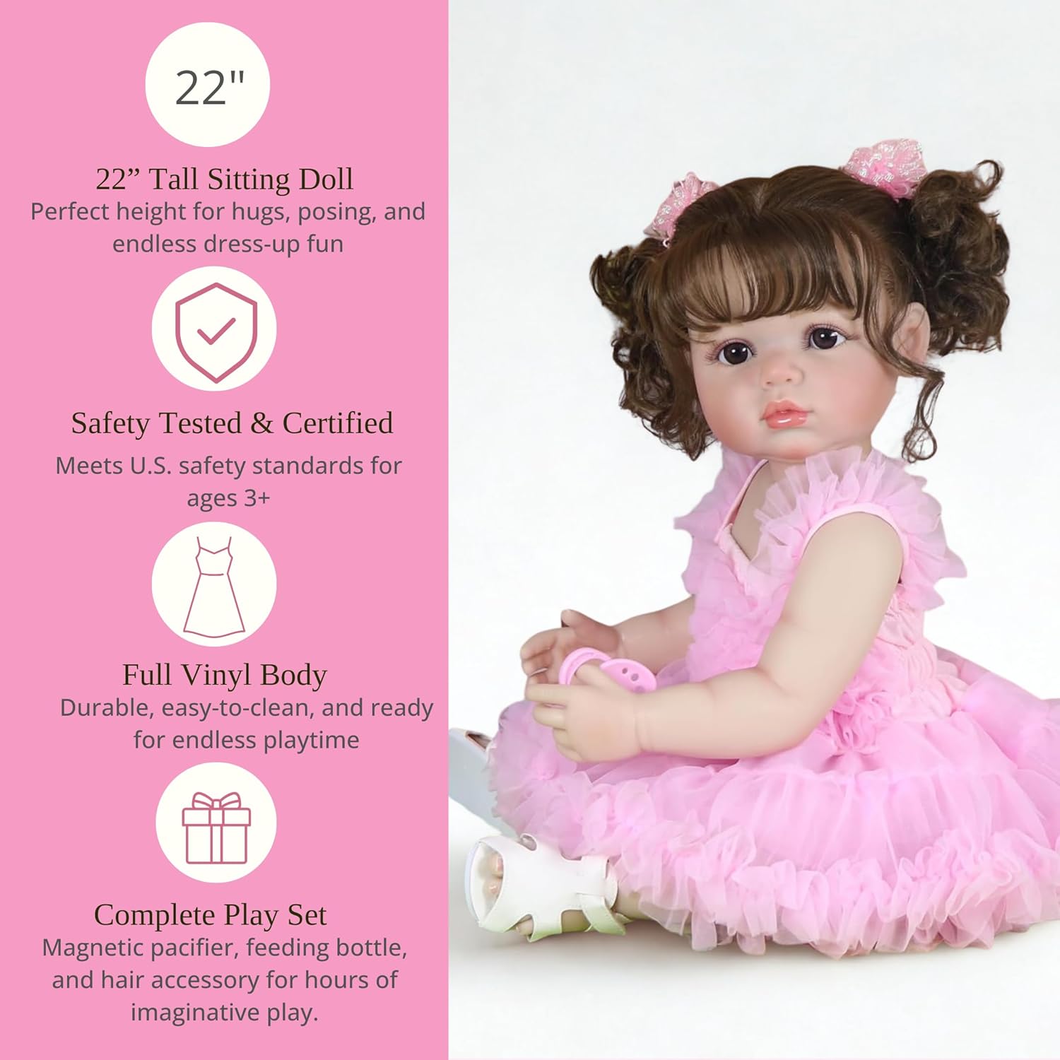 Madison in Pink – 22’’ Lifelike Toddler Girl Doll with Rooted Hair, Full Vinyl Body, Hand-Painted Details, and Removable Ruffle Dress – Perfect for Kids 3+