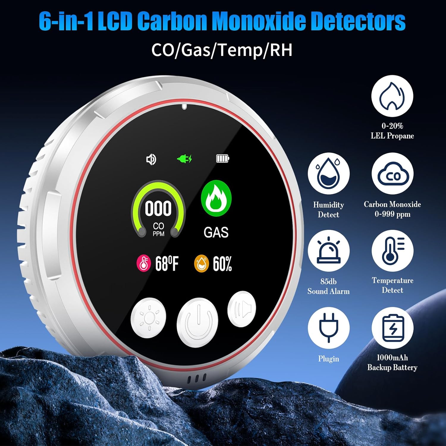 6-in-1 Carbon Monoxide Detectors &Natural Gas Leak Detector, Portable Carbon Monoxide Detectors Plug in & Battery Backup - Hotel and Travel Safety, RV, Home - Image 2