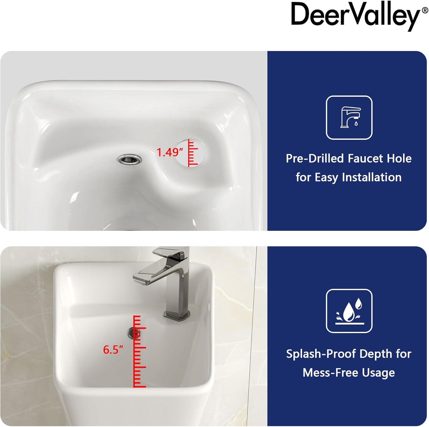 DeerValley Horizon White Pedestal Sink 11x13 Inch, Compact Ceramic Bathroom Vanity with Overflow and Single Faucet Hole