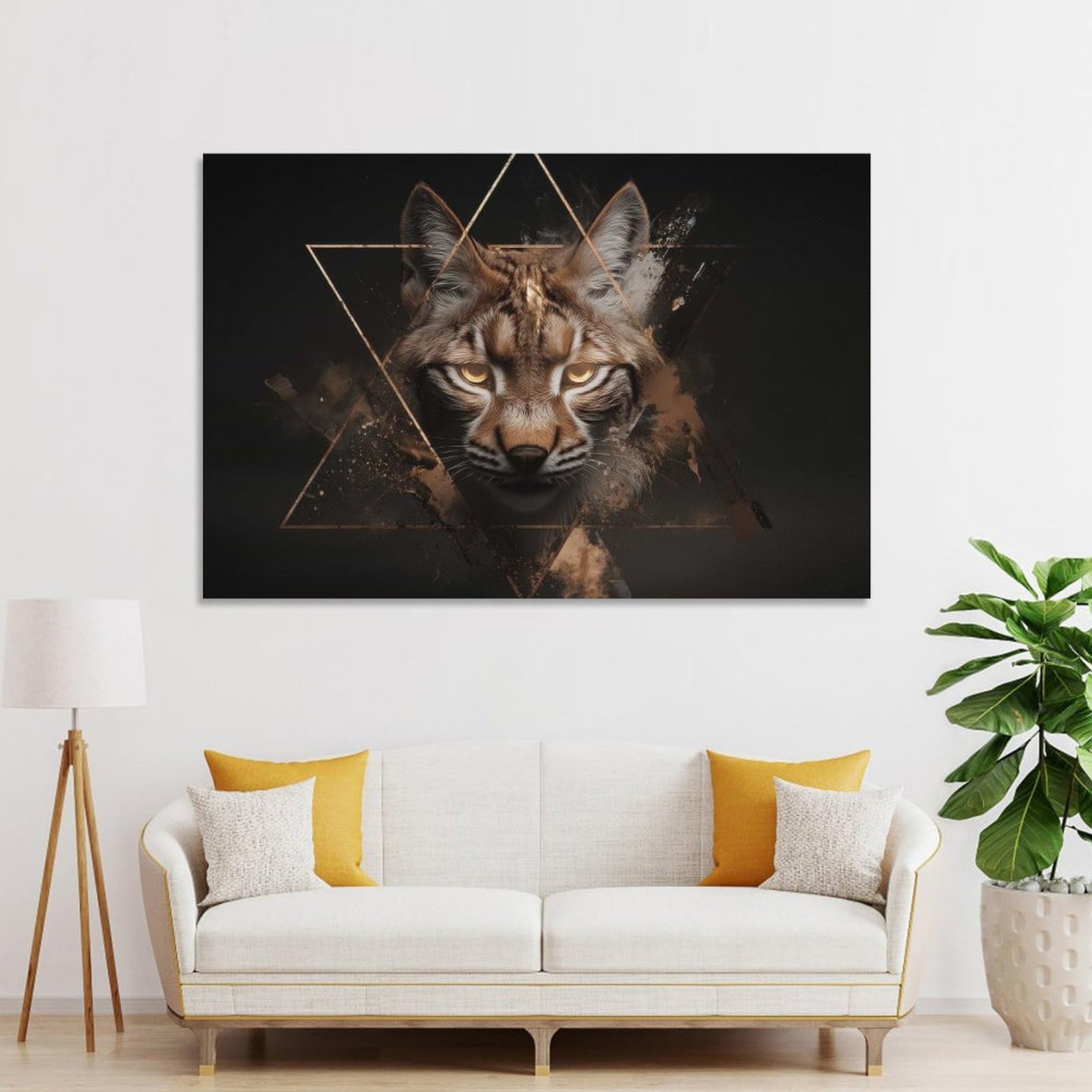 Junmoney Bobcat with Geometric Overlay Decorative Wall Artwork 20x30inch(50x75cm), for Home Lounge, Bedroom Or Reading Nook, Modern Wall Decor for Cosy Interiors