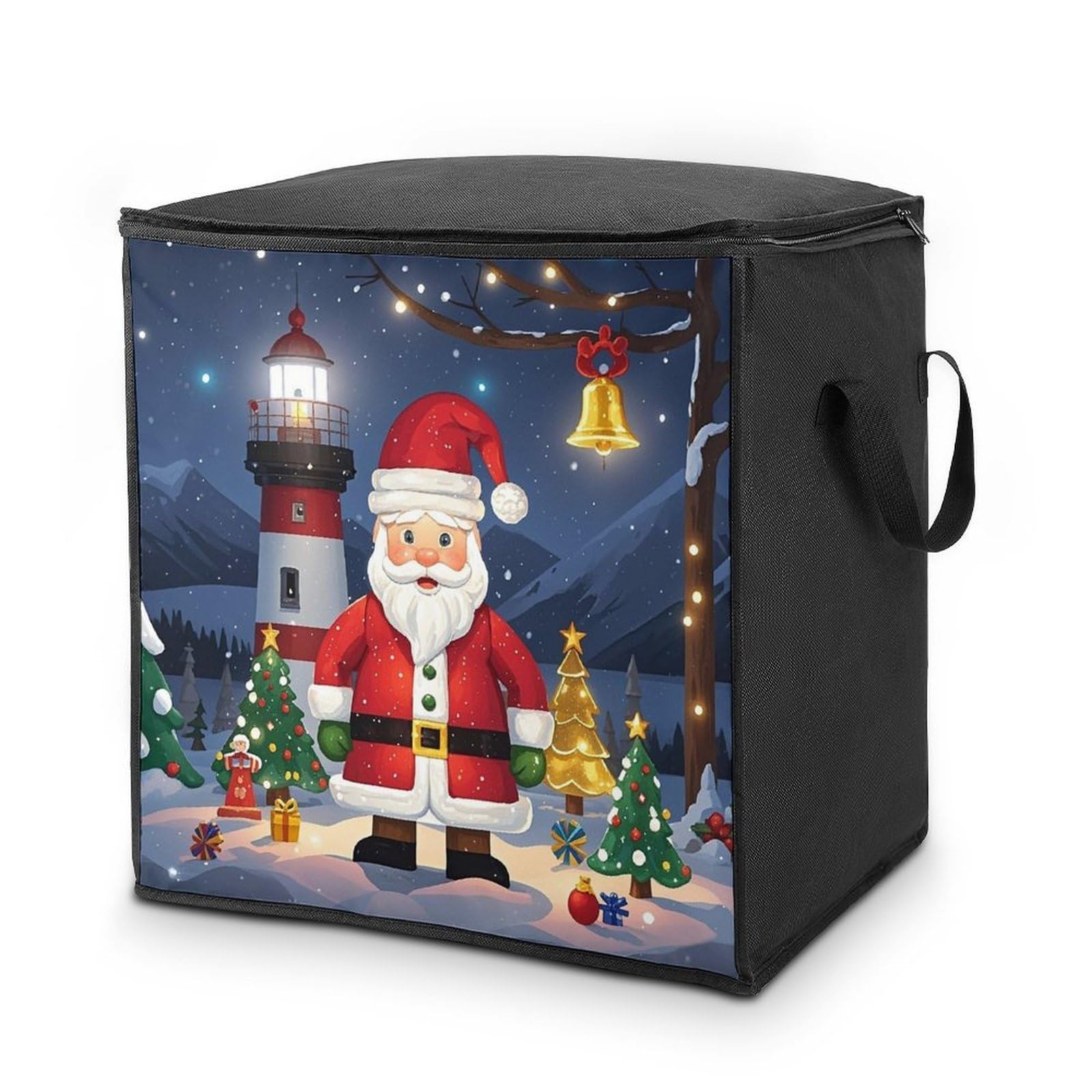 Lighthouse Santa Storage Bag with Zippers And Handle Extra Large Bedding Comforter Storage Bag Foldable Blanket Storage Bags Fabric Moving Bags for Closet Organizer (70L)