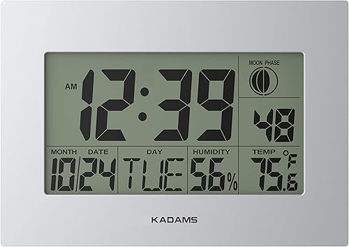 Miniatura 9 de KADAMS Reloj de pared digital grande, alarma doble con función de repetición, calendario de pared, fase lunar, temperatura y humedad, soporte de