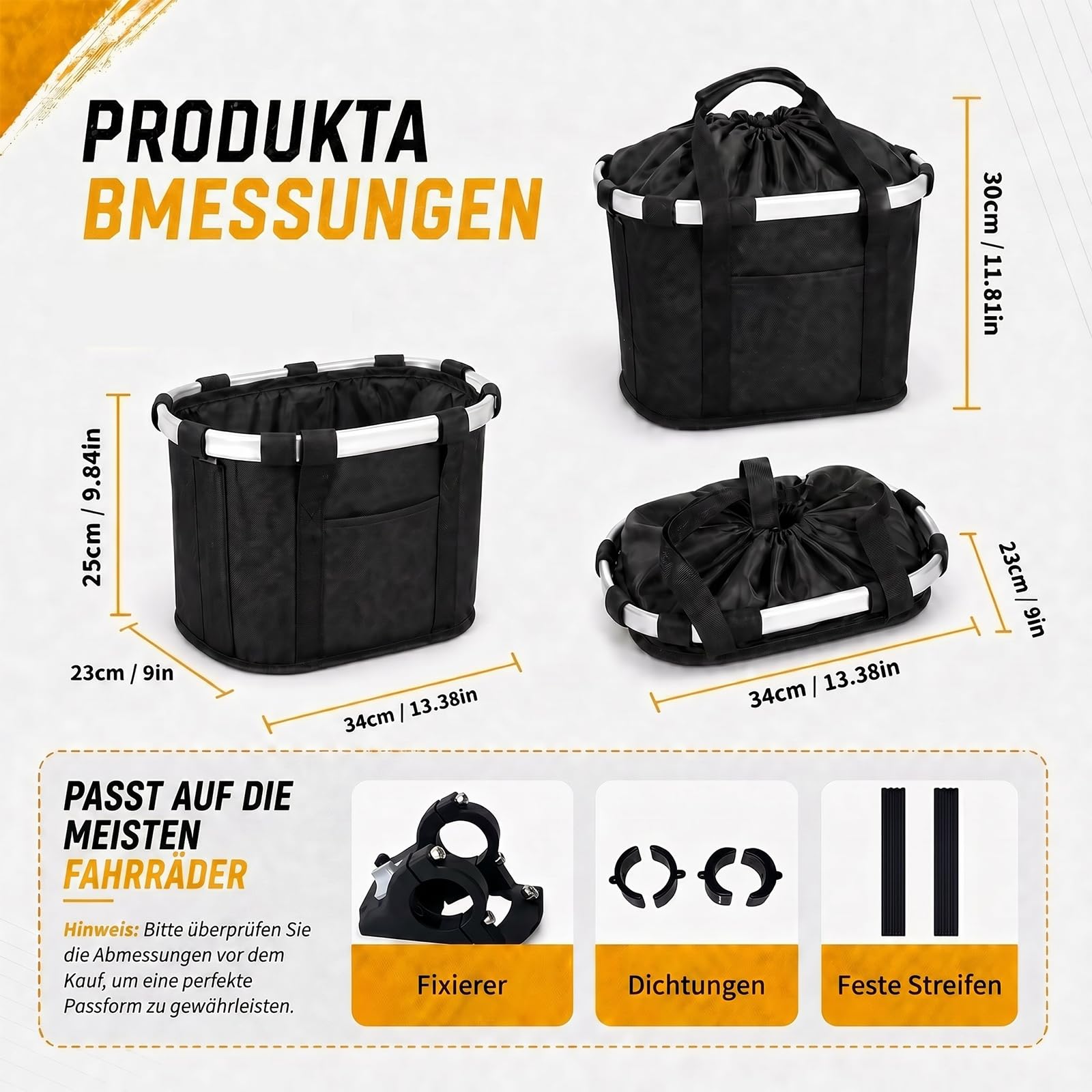 Fahrradkorb, Lenker Fahrradtasche, Abnehmbarer klappbarer wasserdichter Multifunktionskorb, praktischer Einkaufen, Pendeln, Reisen und Outdoor-Aktivitäten,Tragbar bis zu 5 kg