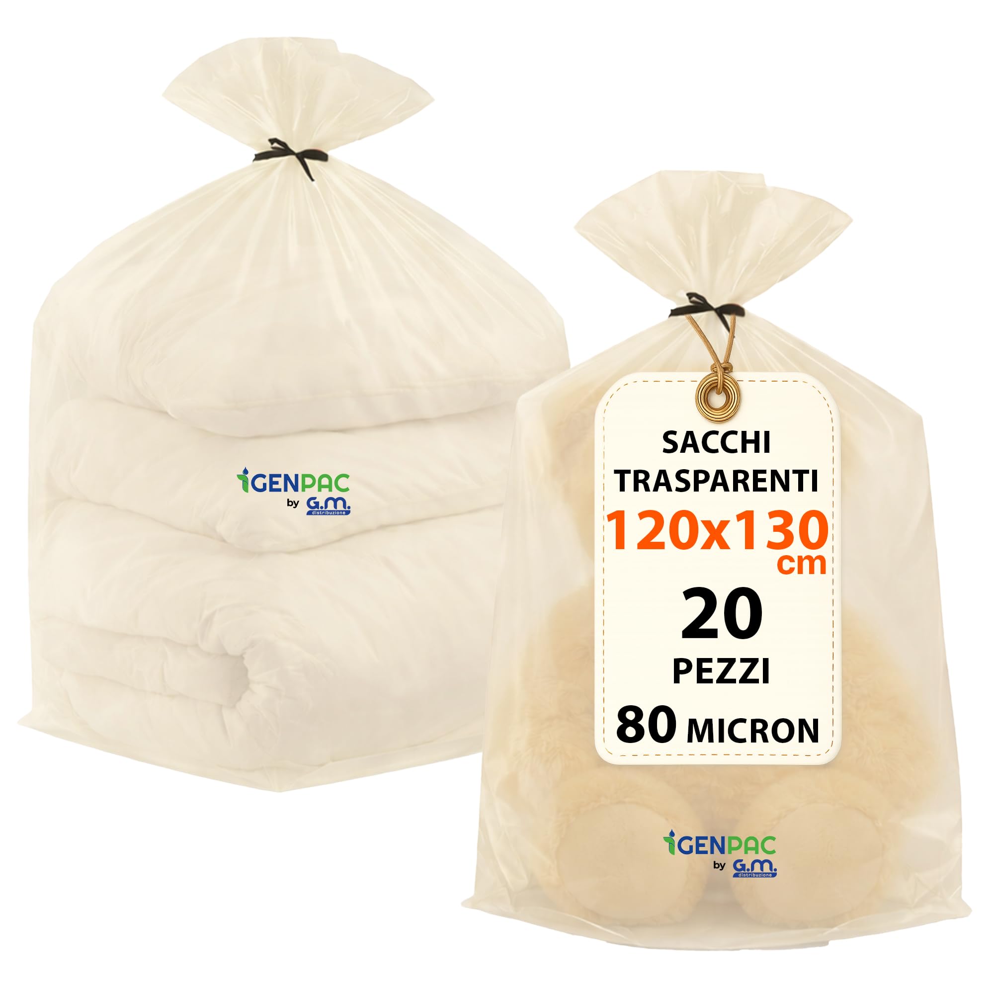 GM – 20 Sacchi Trasparenti in PE 120×130 cm Spessore 80 Micron, Buste Extra Capienti Resistenti per Conservazione Oggetti, Traslochi, Magazzino, Cantina e Garage, Bocca Aperta da Annodare