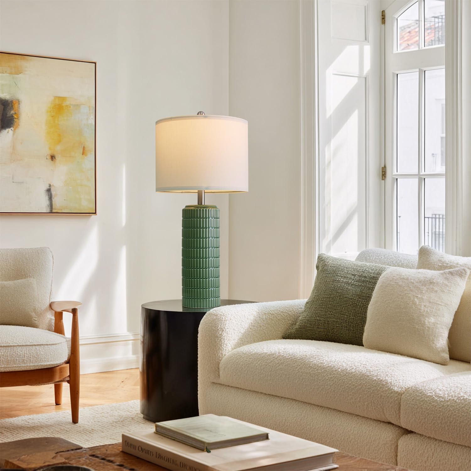 PoKat 27.5 Dark Green Ceramic Table Lamps for Living Room, Farmhouse Table Lamps Set of 2 for Bedroom Night Stands, Modern Bedside Lamps for End Side Table, Vintage Nightstand Decor Lamps Home Office