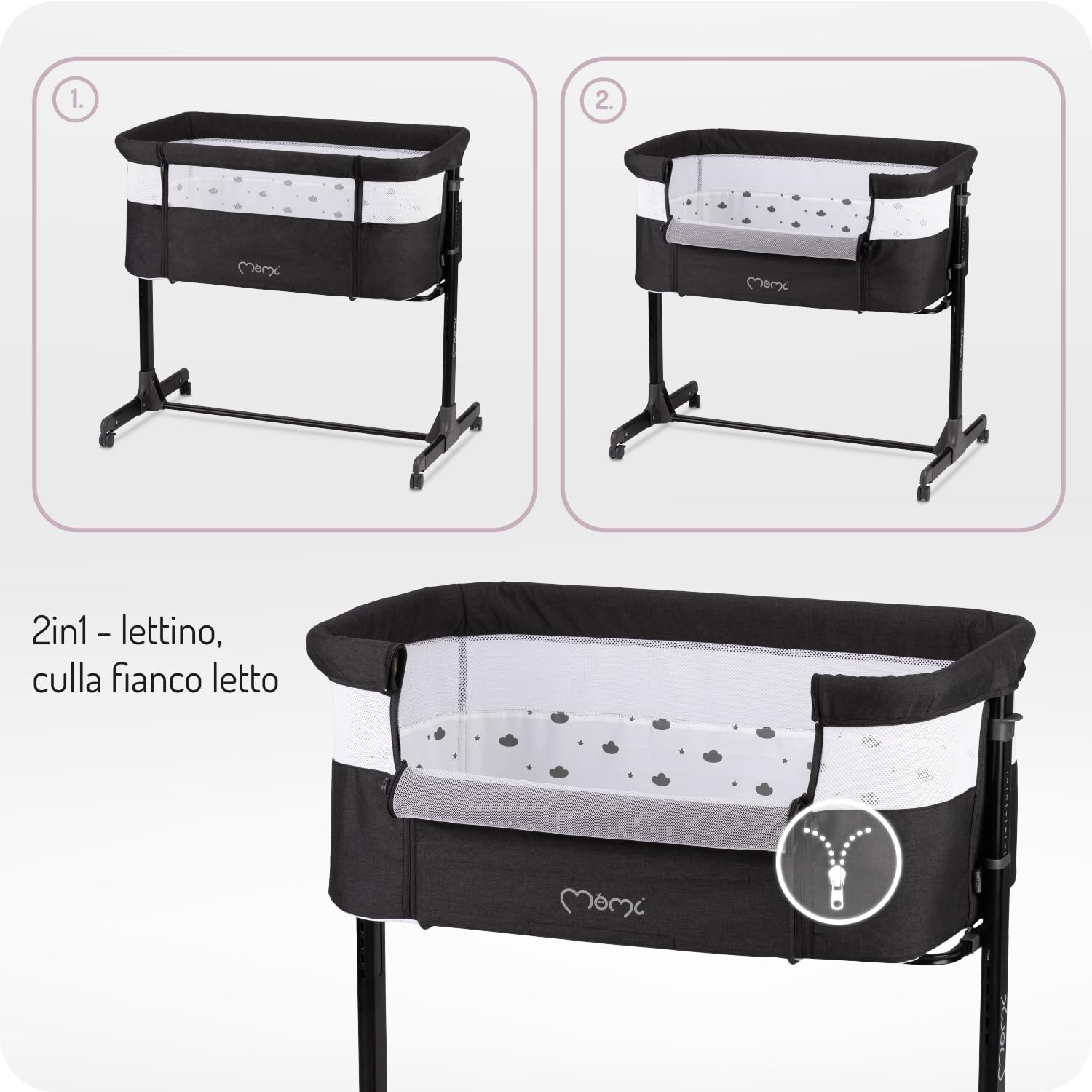 Momi REVO Lettino multifunzionale, con regolazione dell'altezza su 6 livelli da 72 a 82 cm, con rotelle, materassino incluso, cinghie di fissaggio, zanzariera e barra giochi