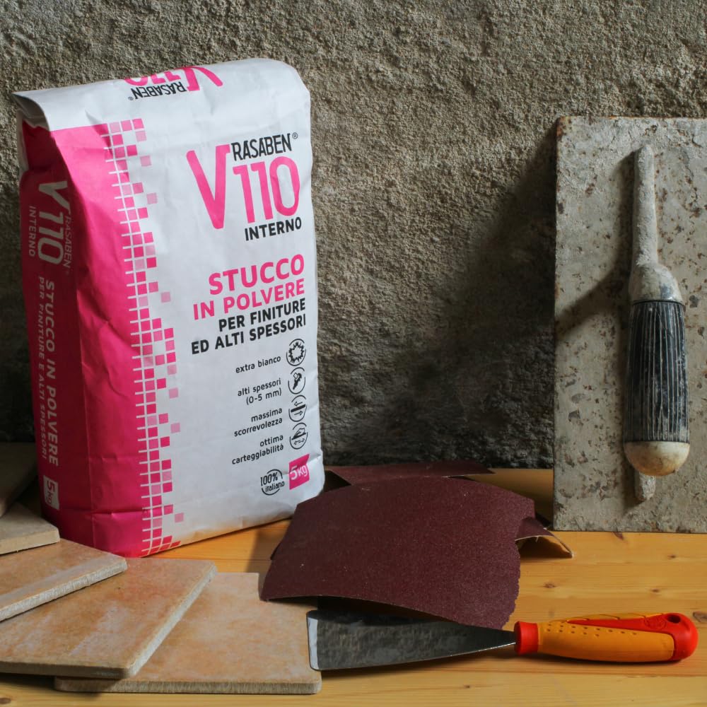 RASABEN - Mastic en poudre V110 extra blanc à base de plâtre pour finitions et épaisseurs élevées (0-5 mm), mastic fin facile à travailler et à poncer, pour murs intérieurs et cloisons sèches, sac de
