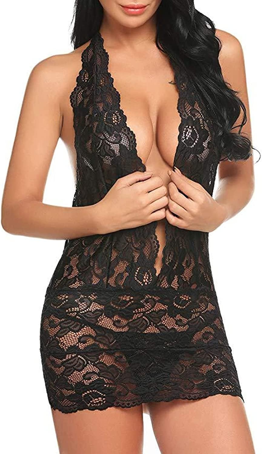 QHQQXN Lencería de Encaje Camisón de Malla Transparente Camisón con Cuello en V Profundo Camisón Halter Vestido sin Espalda Body con Tanga para Damas Pijama Ropa de Dormir Nupcial