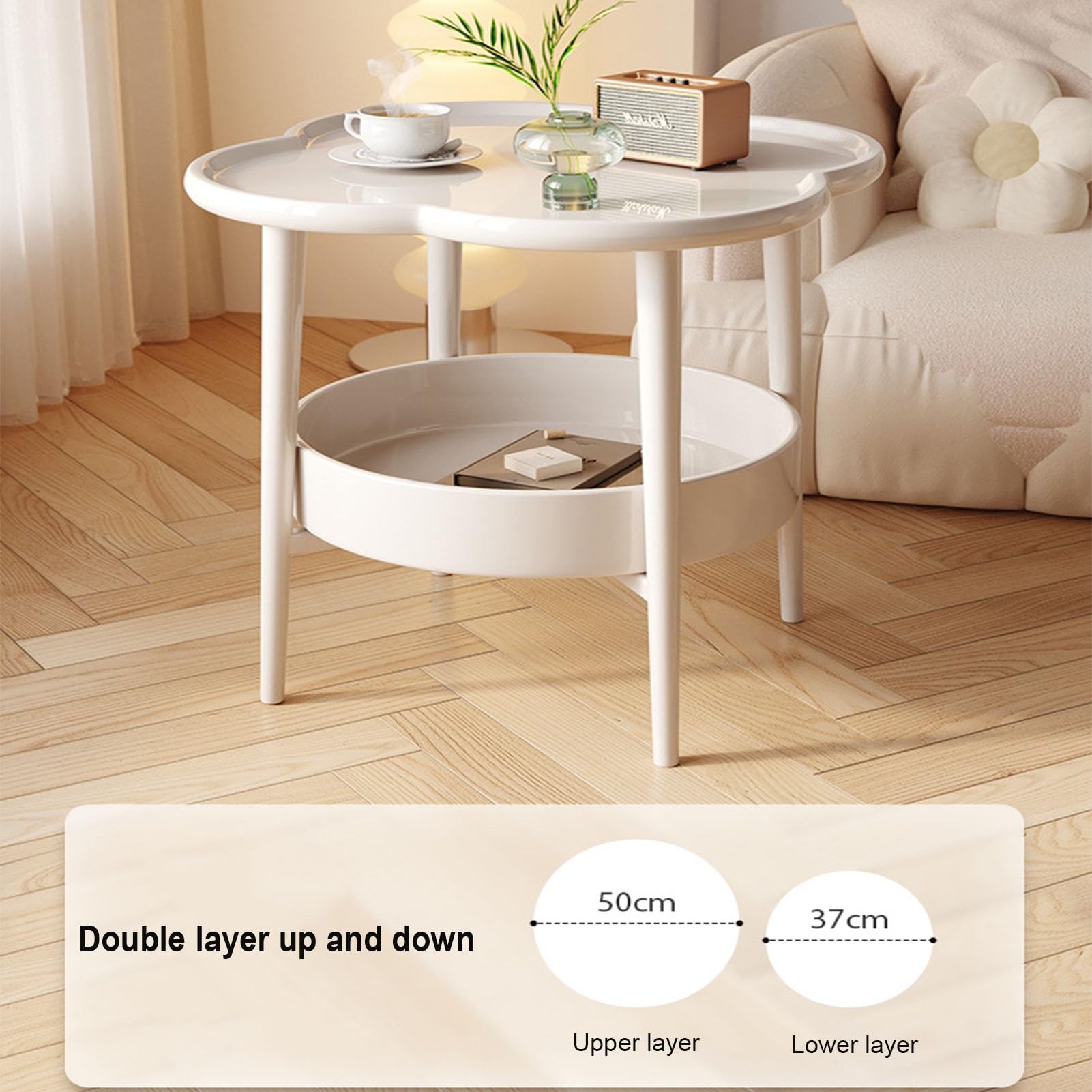 Mesa Auxiliar Redonda De 2 Niveles, Mesa Auxiliar De Cama Con Bordes Elevados, Mesilla De Noche Pequeña, Mesa De Té De Sobremesa En Forma De Flor Para Sala De Estar, Dormitorio, Oficina(White)