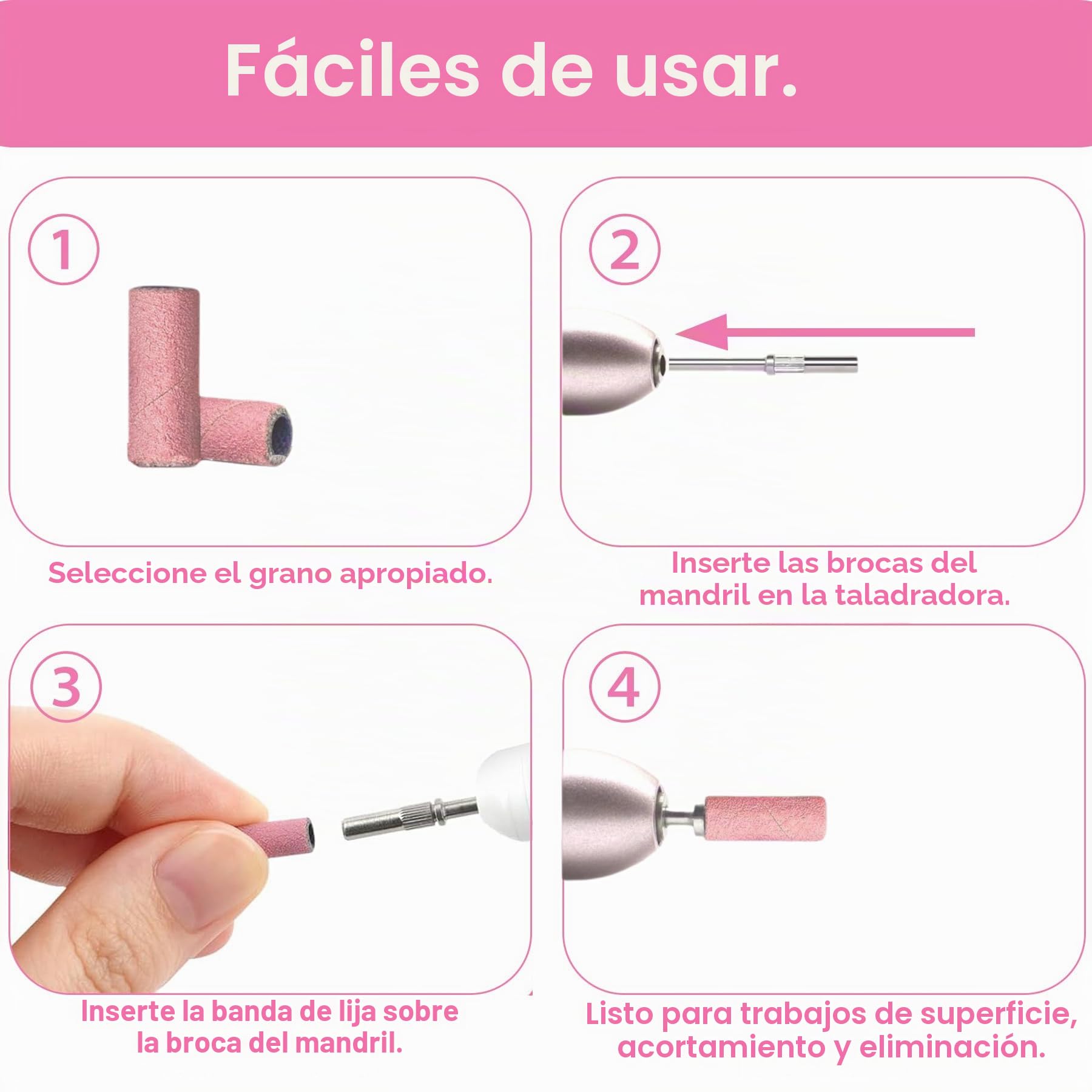 Bandas de Lijado para Cabezal para Torno de Uñas, 100 Pcs Mini Bandas 240 Grit con Estuche y 2 Brocas para Uñas, Compatible 99% Taladros Uñas, para Remoción Gel Acrílico y Pulido, Rosa