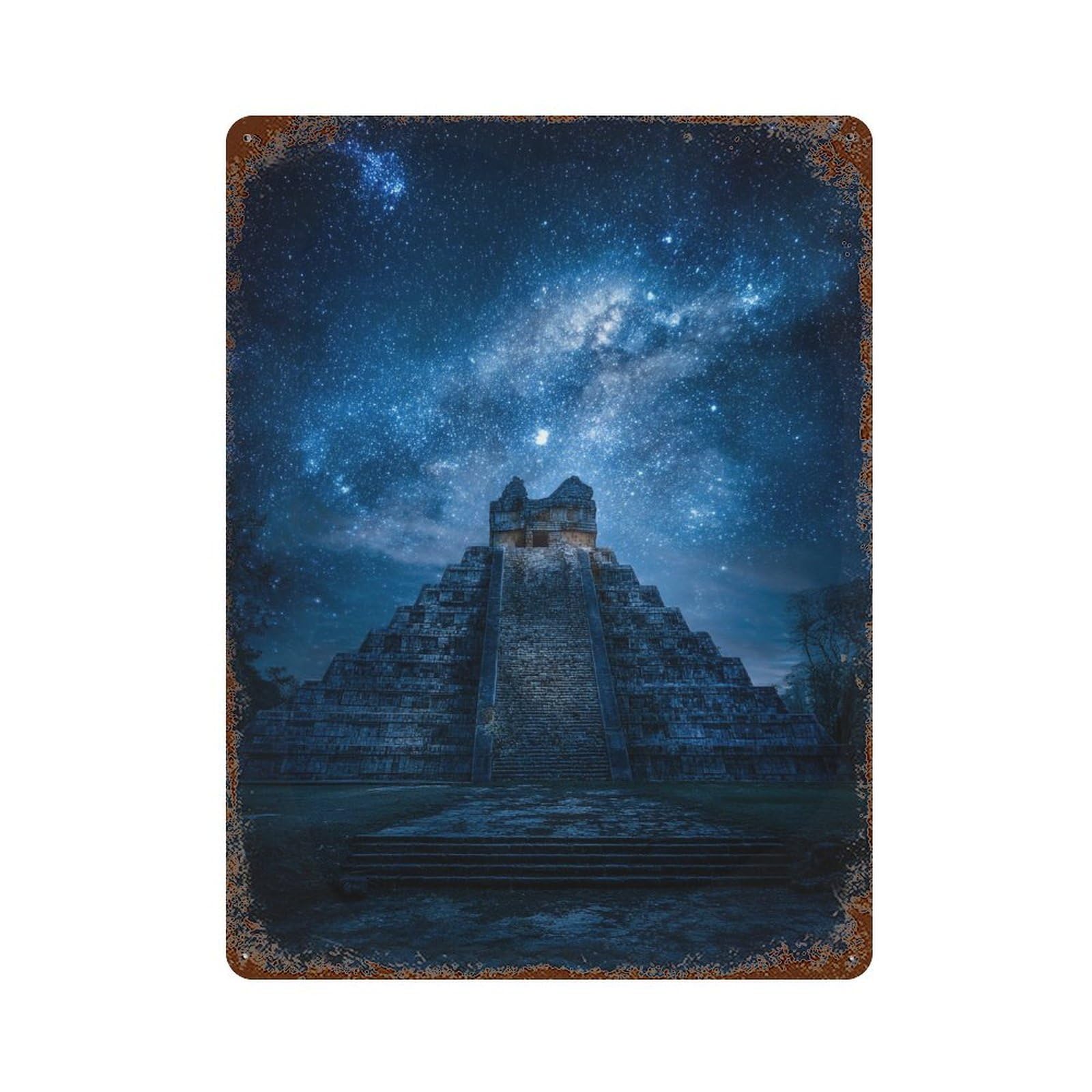 Mayan Pyramid Under Stars Decorative Tin Sign 15.7"x11.8", for Bistro, Counter And Cafe Decor, Classic Wall Plaque