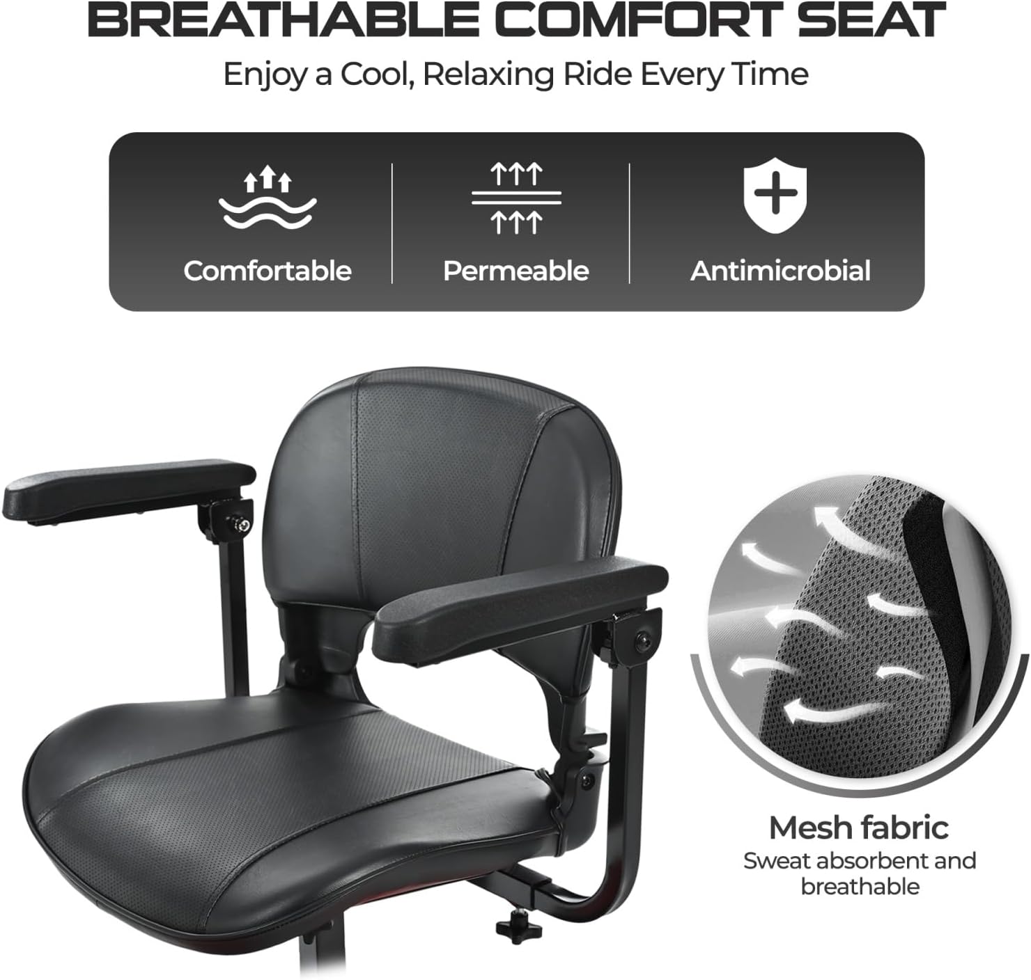 Breathable comfort seat of the Metro Mobility M2 scooter with icons for comfortable, permeable, and antimicrobial