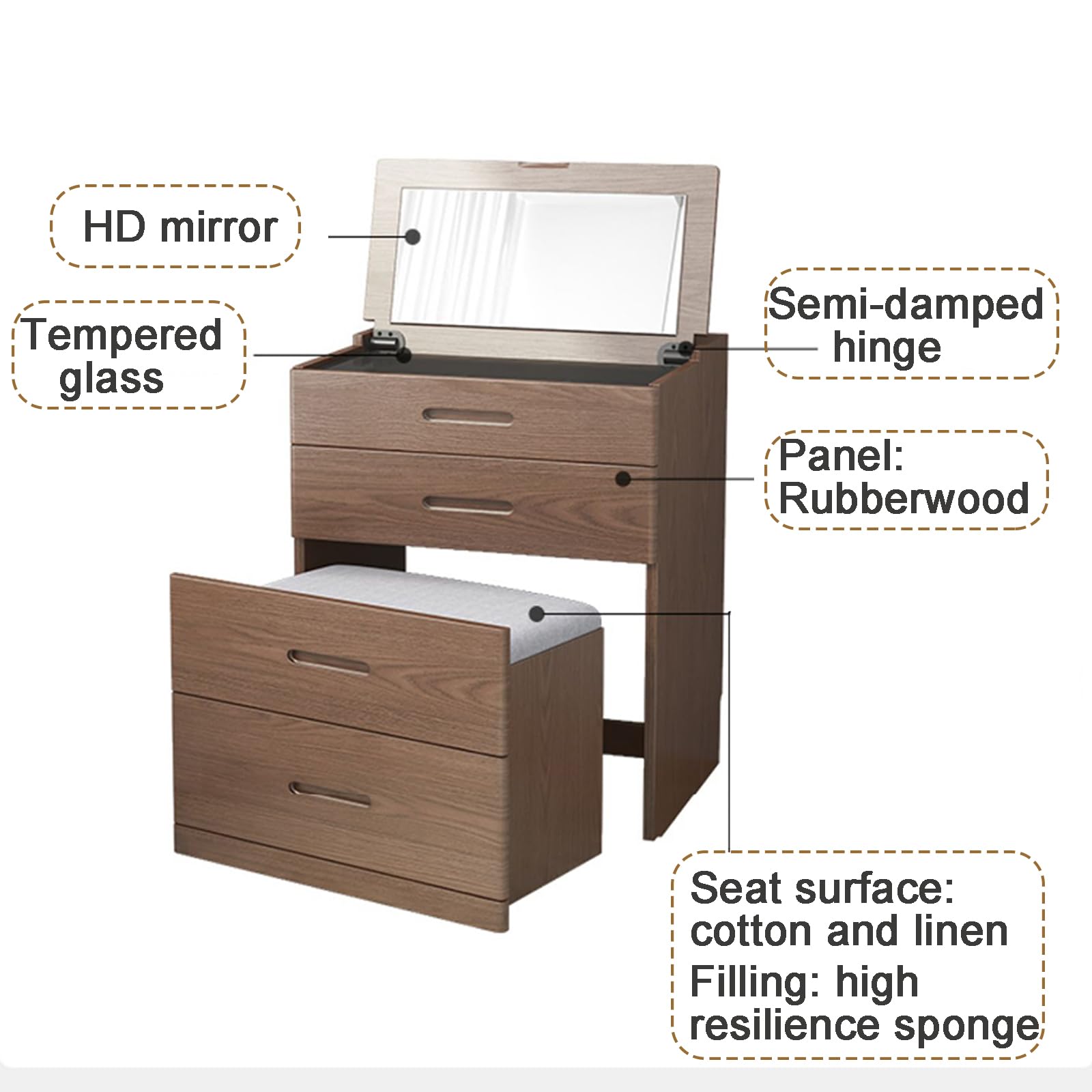 Schminktisch-Set aus weißem Gummibaumholz mit Klappspiegel, Schminkhocker und 2 Schubladen – Stauraum für Schlafzimmer, Wohnzimmer, Büro, Schreibtisch/Nachttisch (S-48cm)
