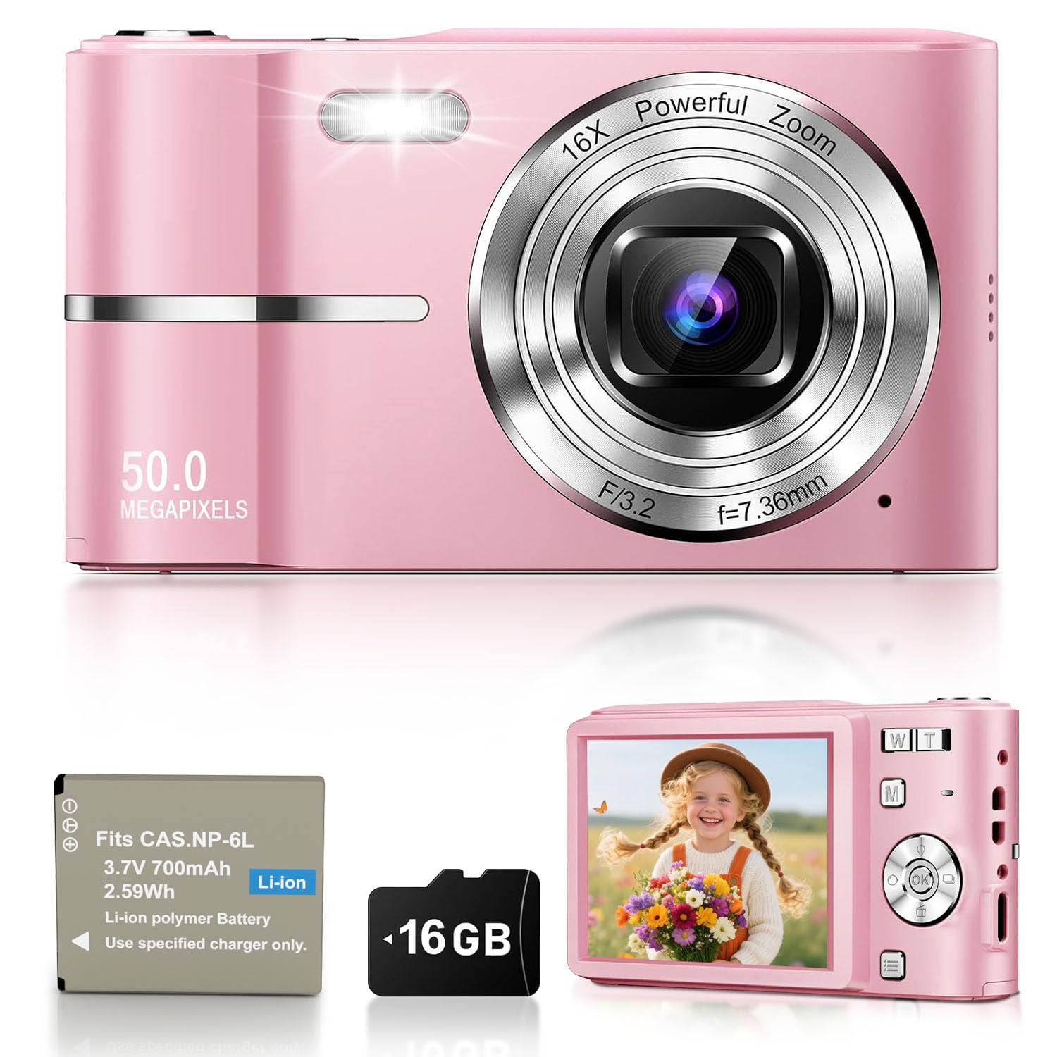 50MP Camara de Fotos Digital Compacta, 1080P FHD Vlogging Cámara Digital con Pantalla 2,4”, Zoom Digital 16X, Antivibración, Minipuerta Adecuado para Niños Estudiantes, Tarjeta de 16 GB(Rosa) en oferta en Amazon
