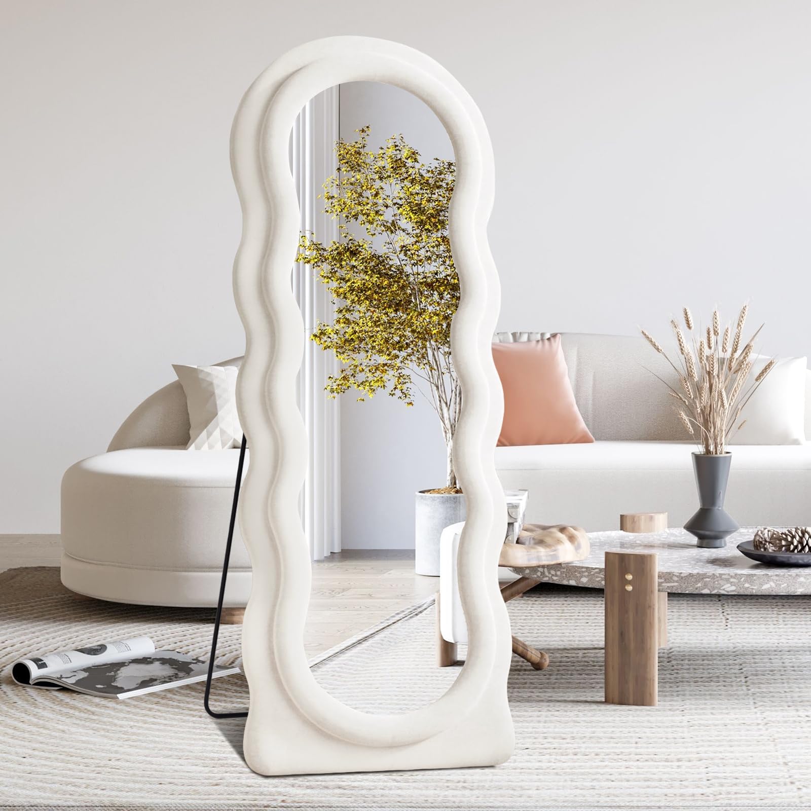 Espejo de cuerpo entero de 160 x 60 cm, irregular ondulado, espejo de cuerpo entero, montaje en pared, espejo de suelo con soporte, marco de franela blanco, espejo de pared inclinado para